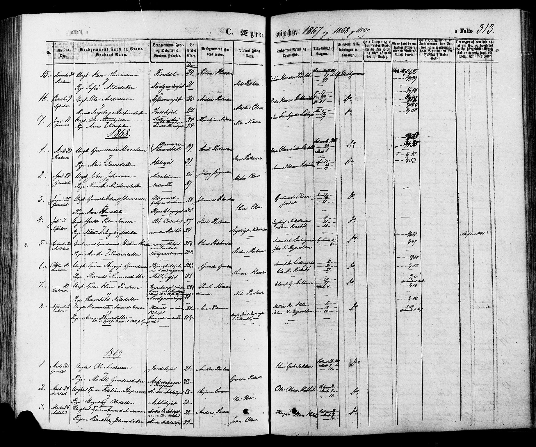 Gausdal prestekontor, SAH/PREST-090/H/Ha/Haa/L0010: Parish register (official) no. 10, 1867-1886, p. 313