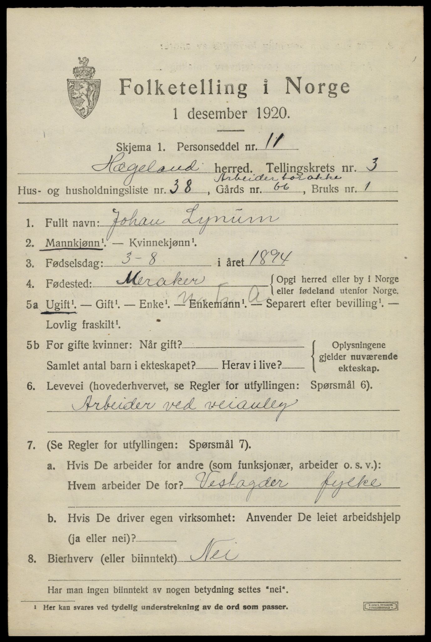 SAK, 1920 census for Hægeland, 1920, p. 1365