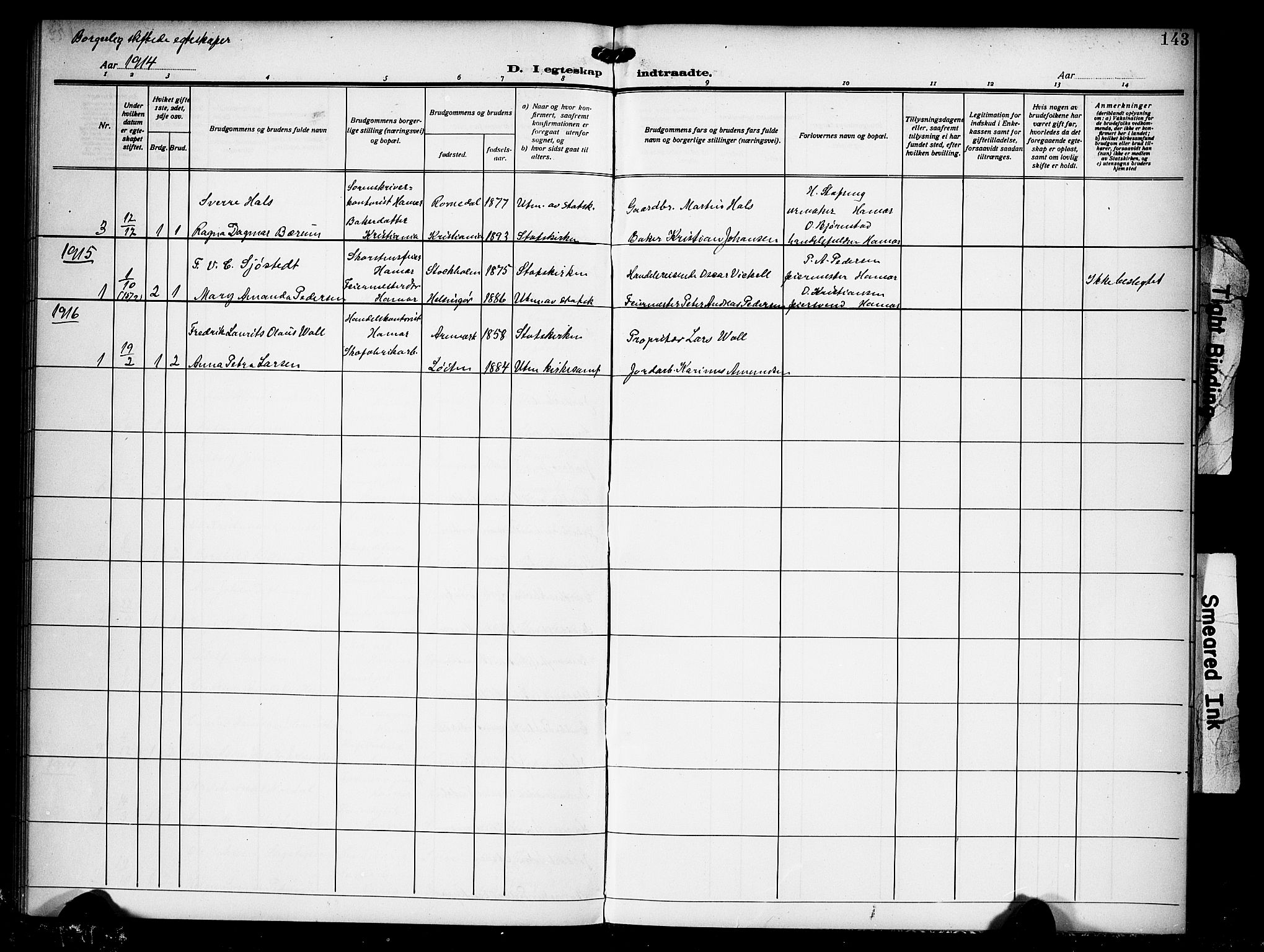 Hamar prestekontor, AV/SAH-DOMPH-002/H/Ha/Hab/L0003: Parish register (copy) no. 3, 1913-1930, p. 143