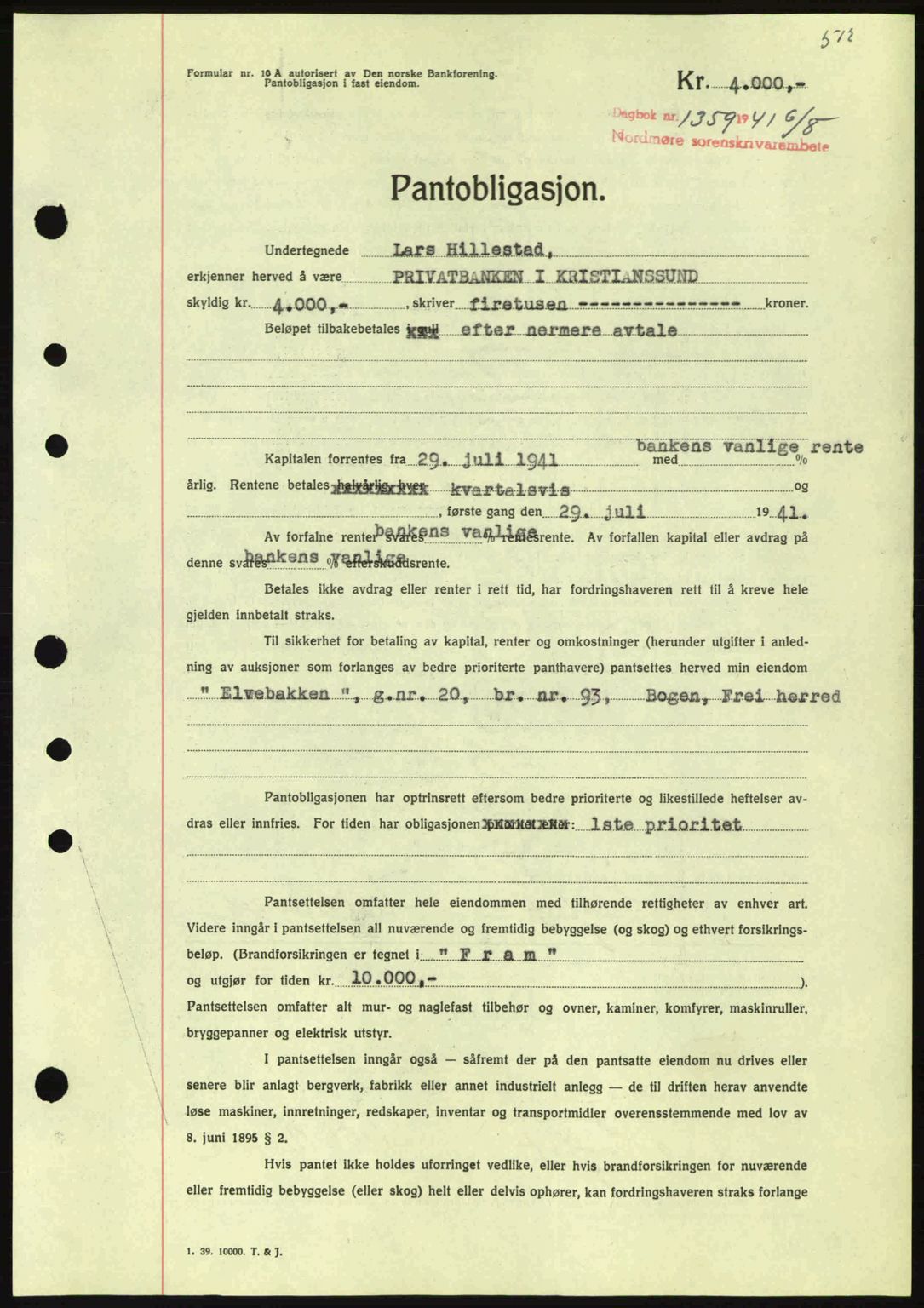 Nordmøre sorenskriveri, AV/SAT-A-4132/1/2/2Ca: Mortgage book no. B88, 1941-1942, Diary no: : 1359/1941