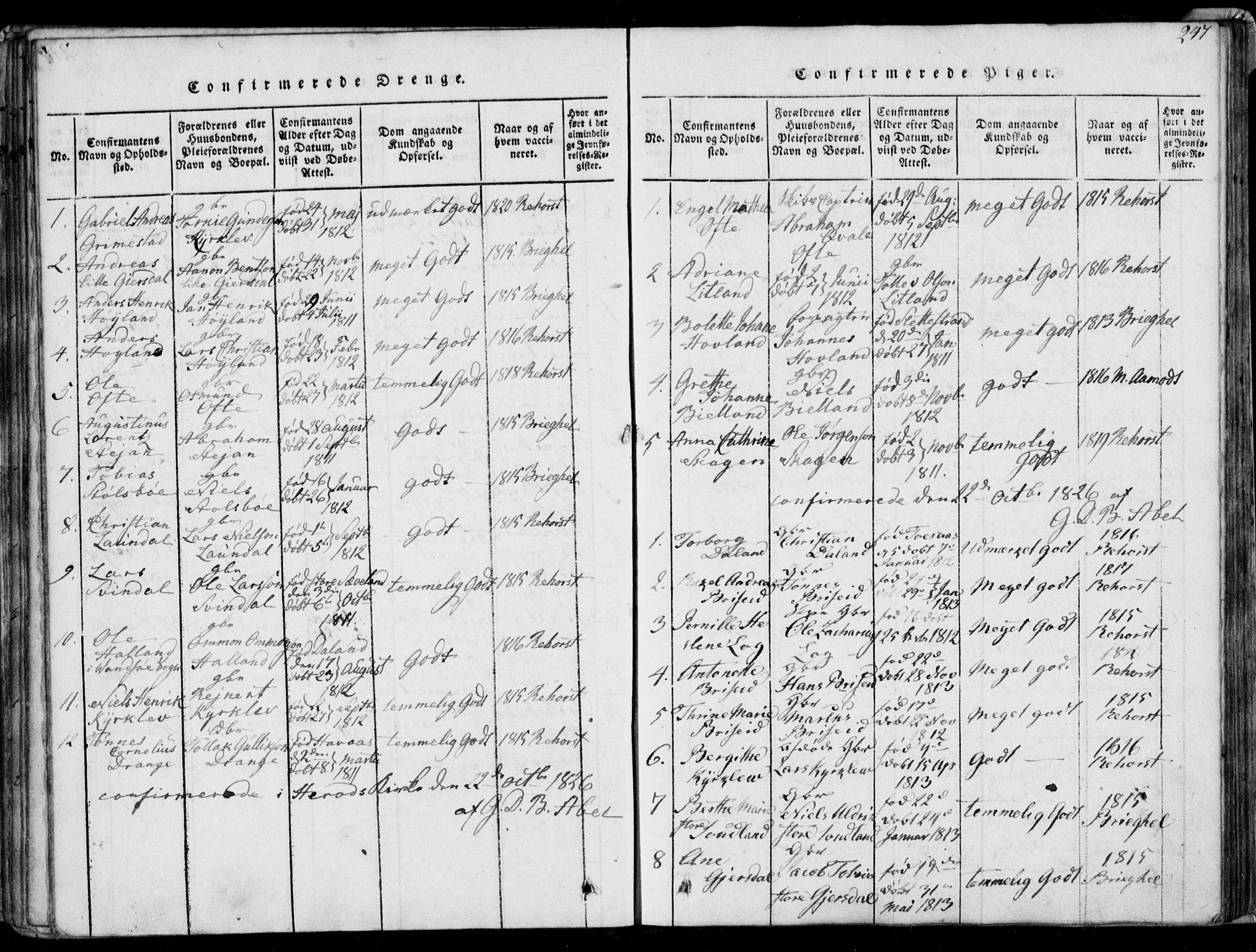 Herad sokneprestkontor, AV/SAK-1111-0018/F/Fa/Faa/L0003: Parish register (official) no. A 3, 1816-1844, p. 247