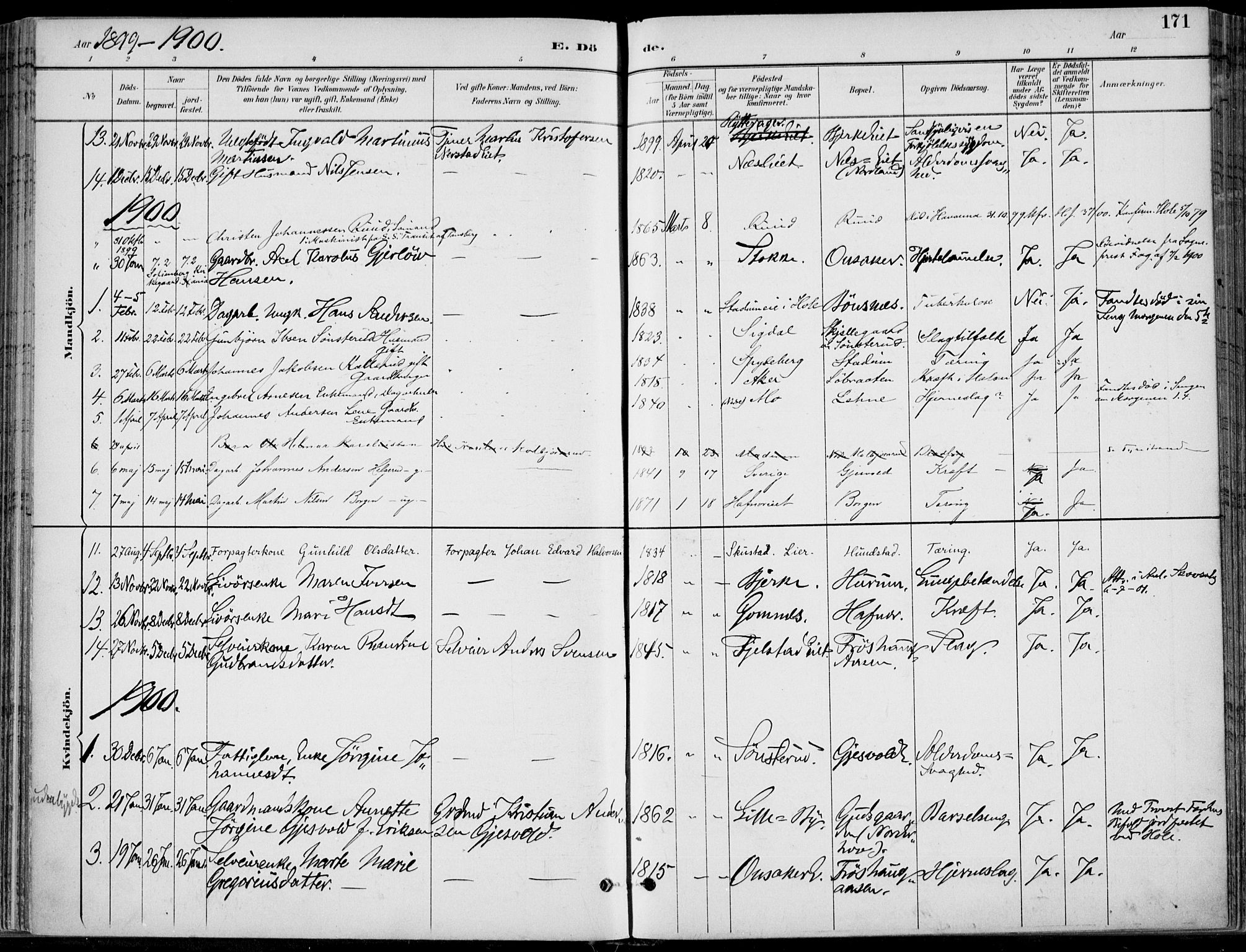 Hole kirkebøker, SAKO/A-228/F/Fa/L0009: Parish register (official) no. I 9, 1892-1907, p. 171
