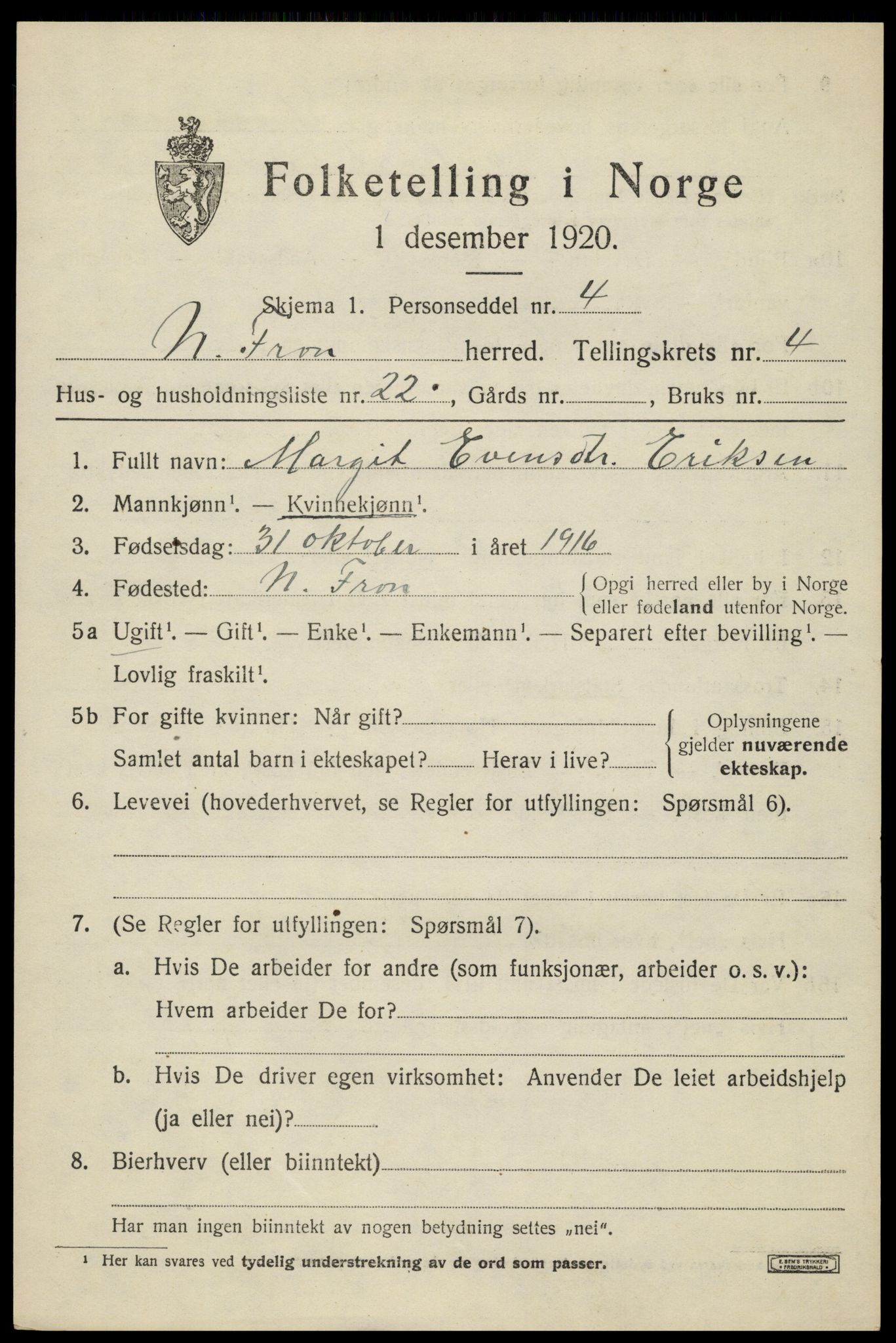 SAH, 1920 census for Nord-Fron, 1920, p. 4272