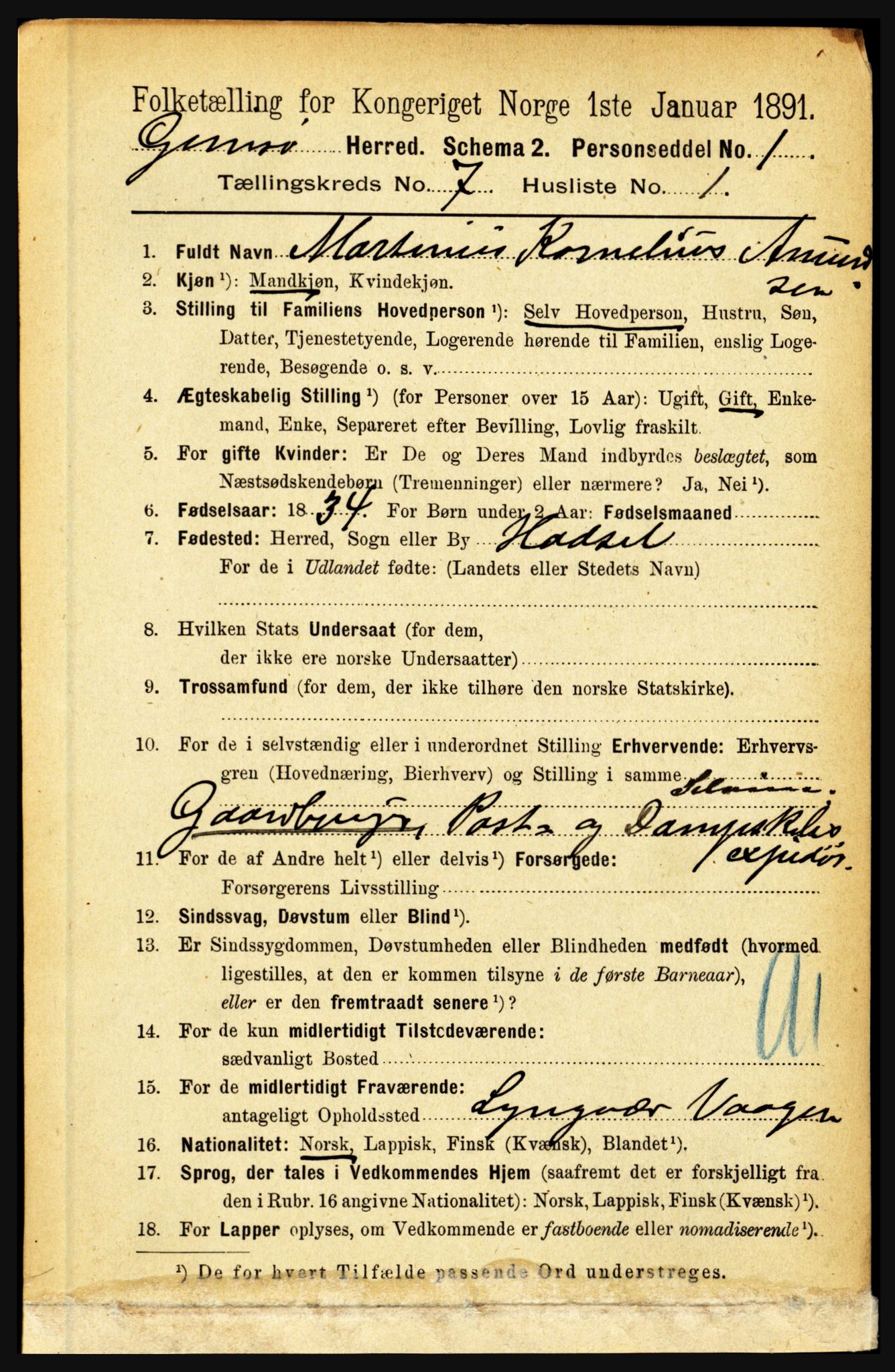 RA, 1891 census for 1864 Gimsøy, 1891, p. 1198