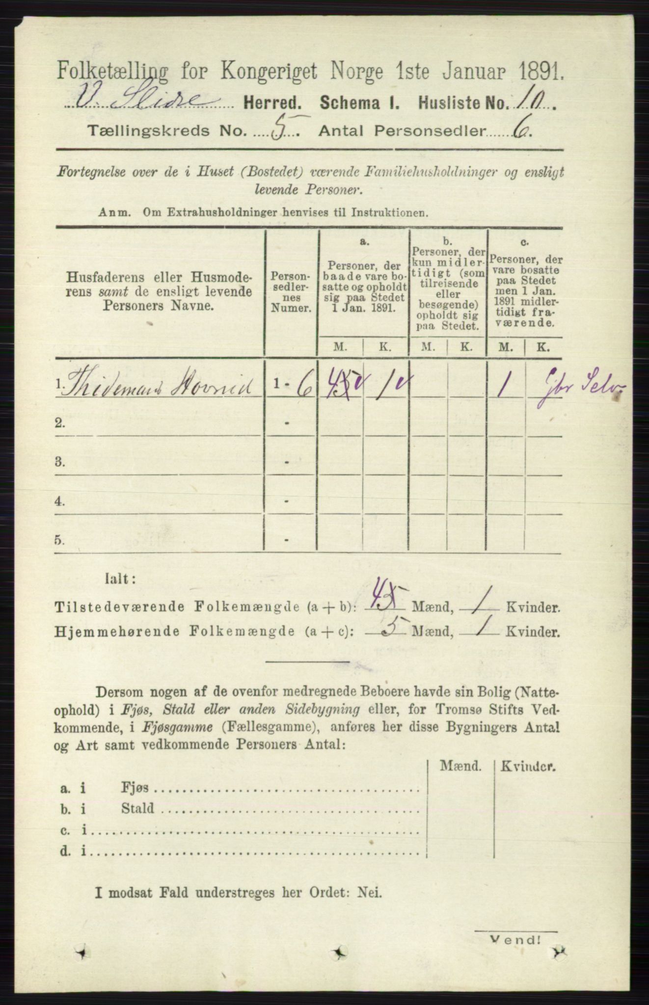 RA, 1891 census for 0543 Vestre Slidre, 1891, p. 1698