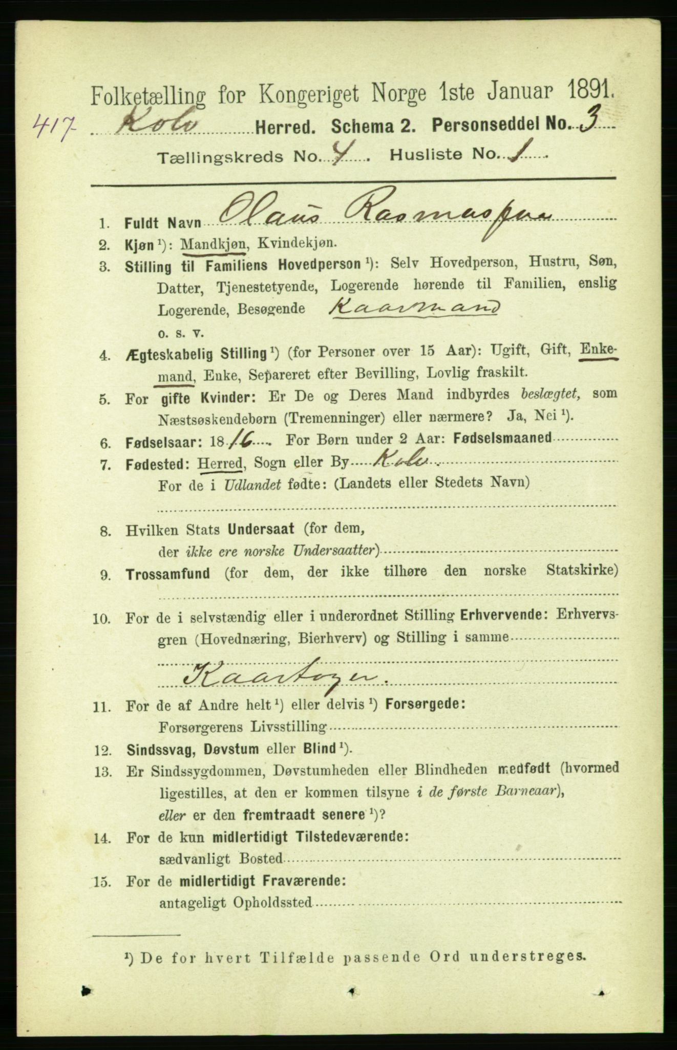 RA, 1891 census for 1752 Kolvereid, 1891, p. 1485