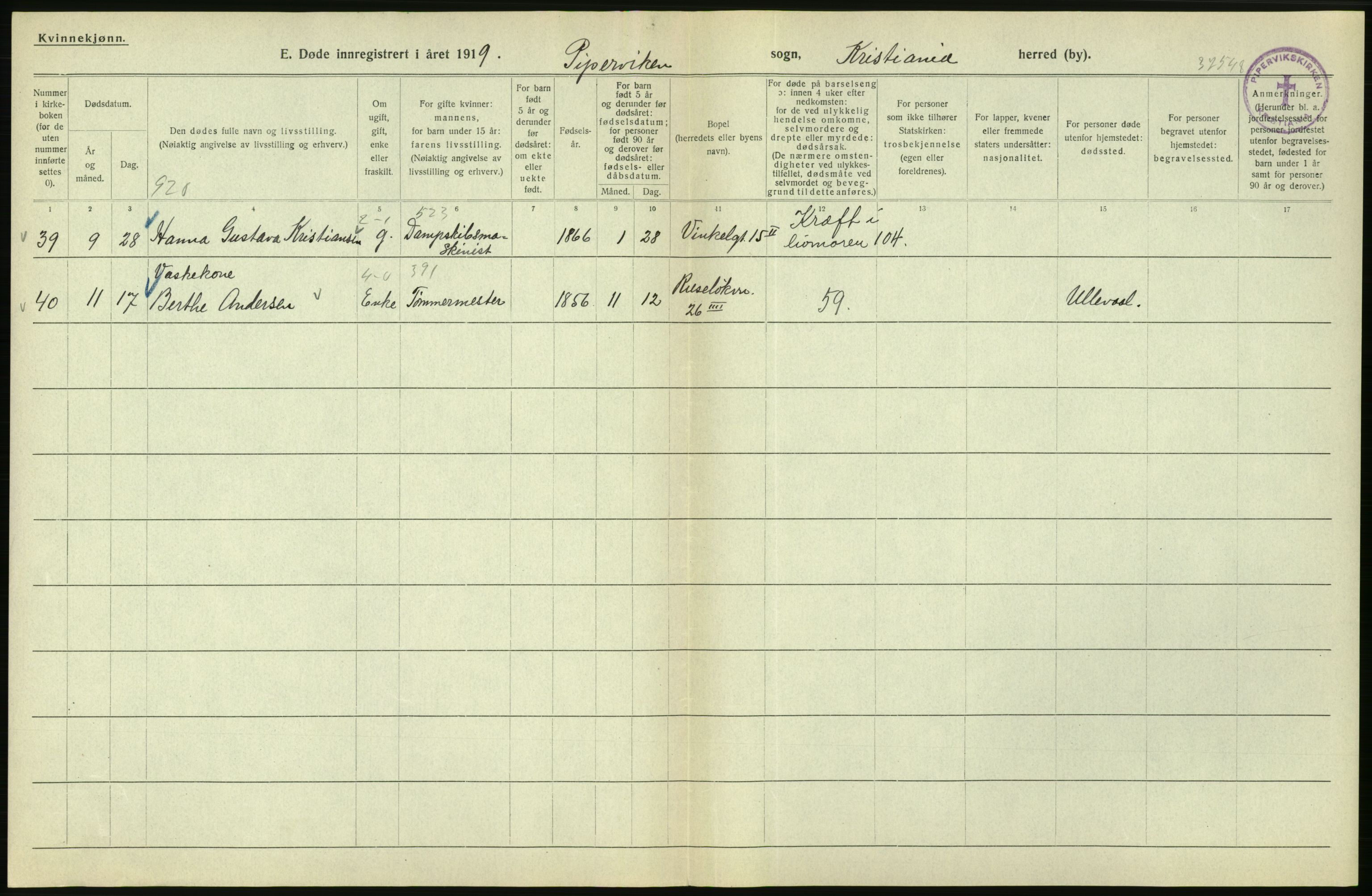 Statistisk sentralbyrå, Sosiodemografiske emner, Befolkning, RA/S-2228/D/Df/Dfb/Dfbi/L0010: Kristiania: Døde, 1919, p. 524