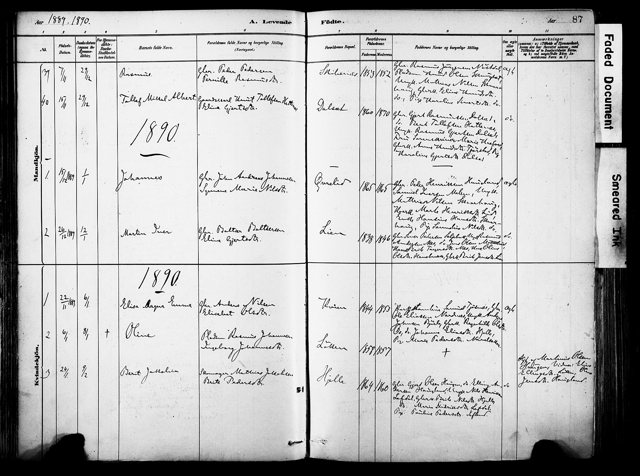 Eid sokneprestembete, AV/SAB-A-82301/H/Haa/Haab/L0001: Parish register (official) no. B 1, 1879-1906, p. 87