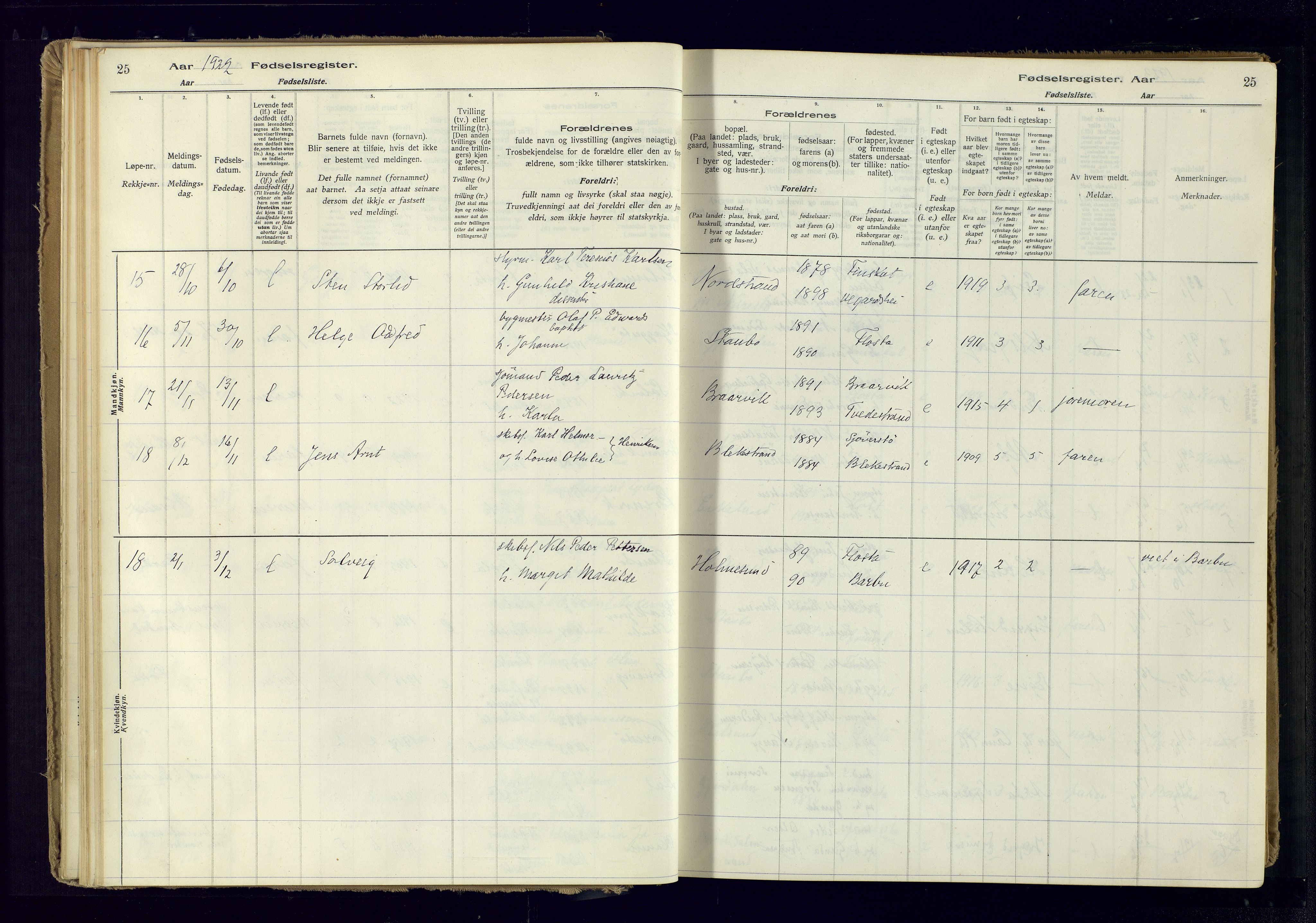 Austre Moland sokneprestkontor, SAK/1111-0001/J/Ja/L0005: Birth register no. A-VI-29, 1916-1982, p. 25