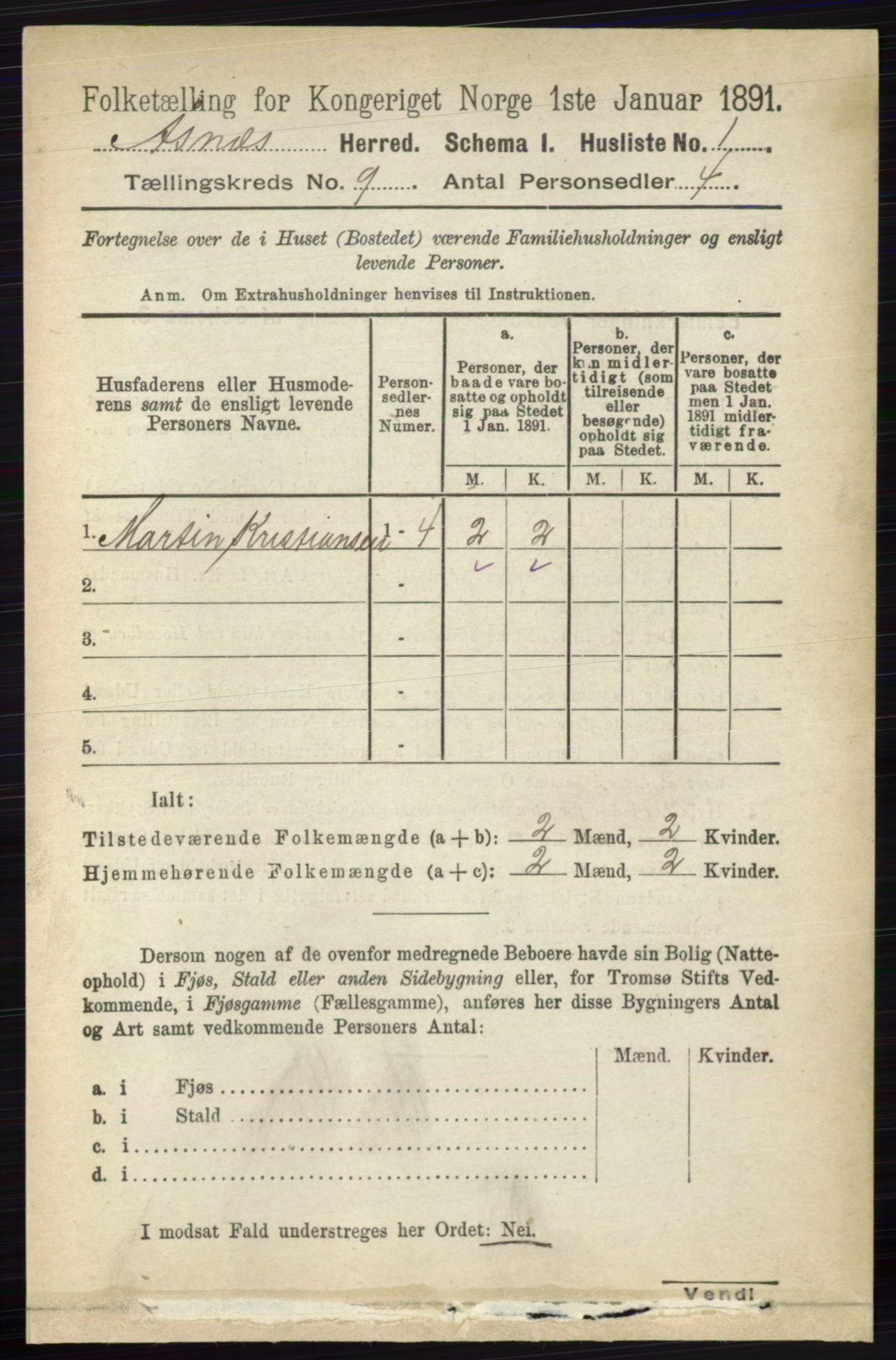 RA, 1891 census for 0425 Åsnes, 1891, p. 4547