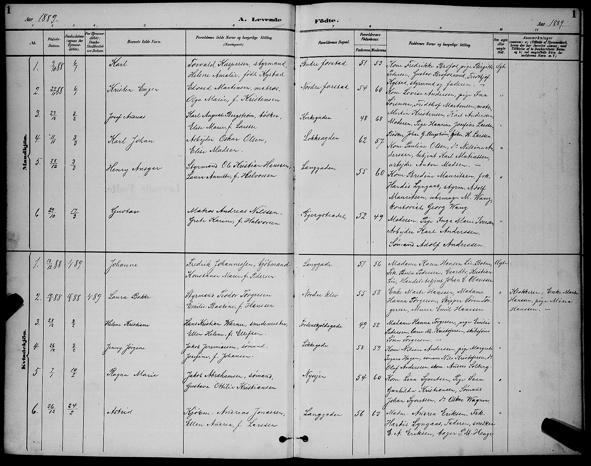 Holmestrand kirkebøker, AV/SAKO-A-346/G/Ga/L0005: Parish register (copy) no. 5, 1889-1901, p. 1