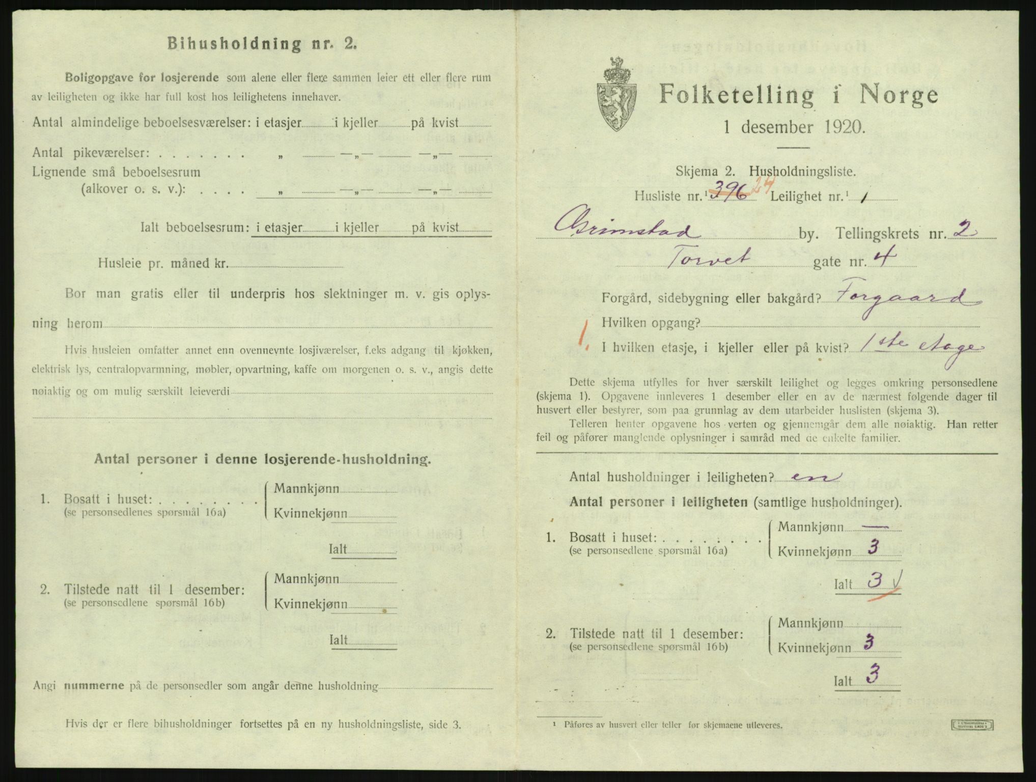 SAK, 1920 census for Grimstad, 1920, p. 1335