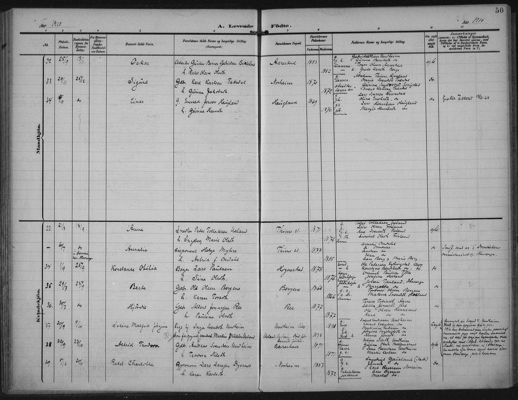 Lye sokneprestkontor, AV/SAST-A-101794/002/A/L0001: Parish register (official) no. A 12, 1904-1920, p. 50