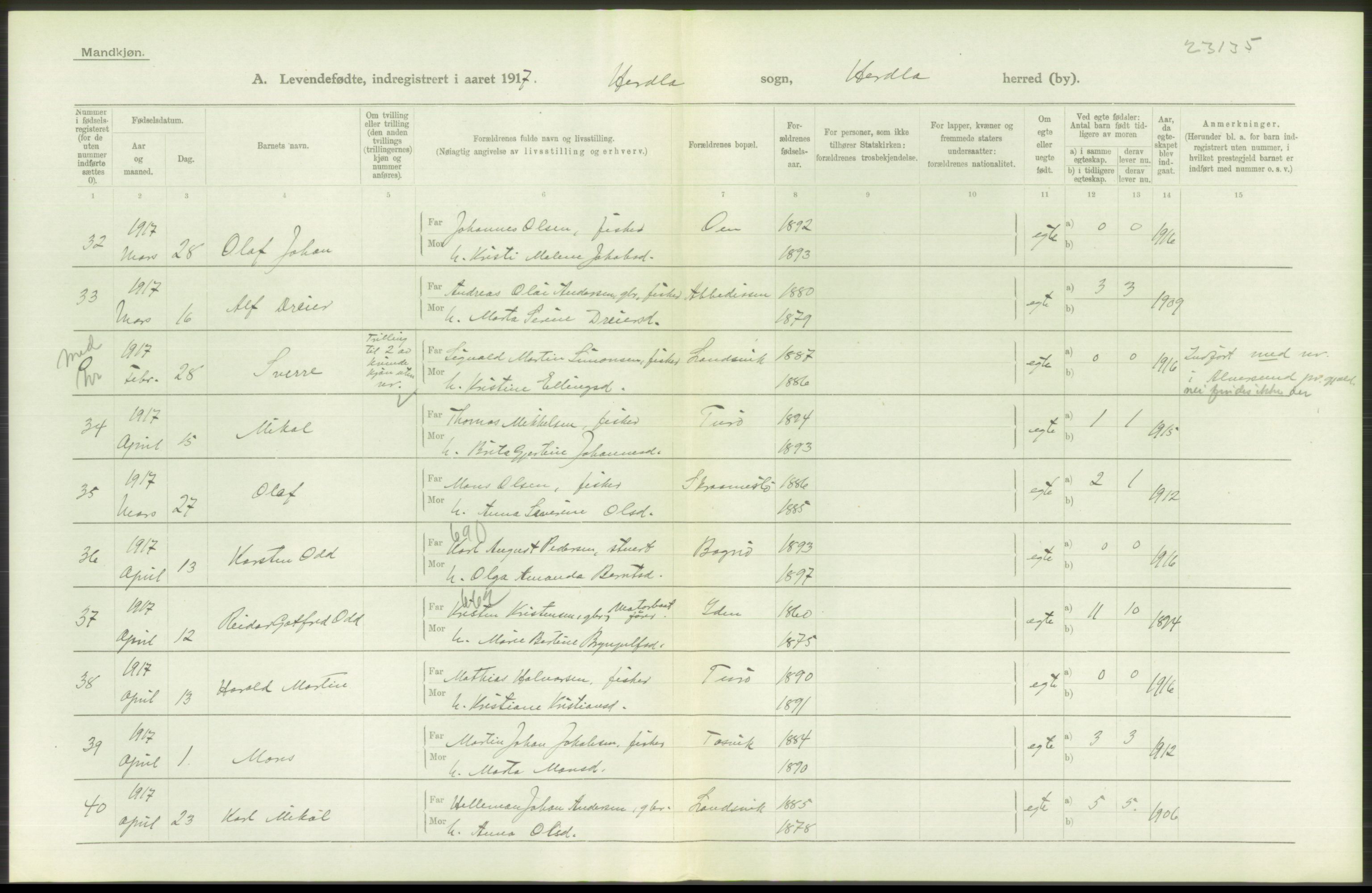 Statistisk sentralbyrå, Sosiodemografiske emner, Befolkning, RA/S-2228/D/Df/Dfb/Dfbg/L0034: S. Bergenhus amt: Levendefødte menn og kvinner. Bygder., 1917, p. 116