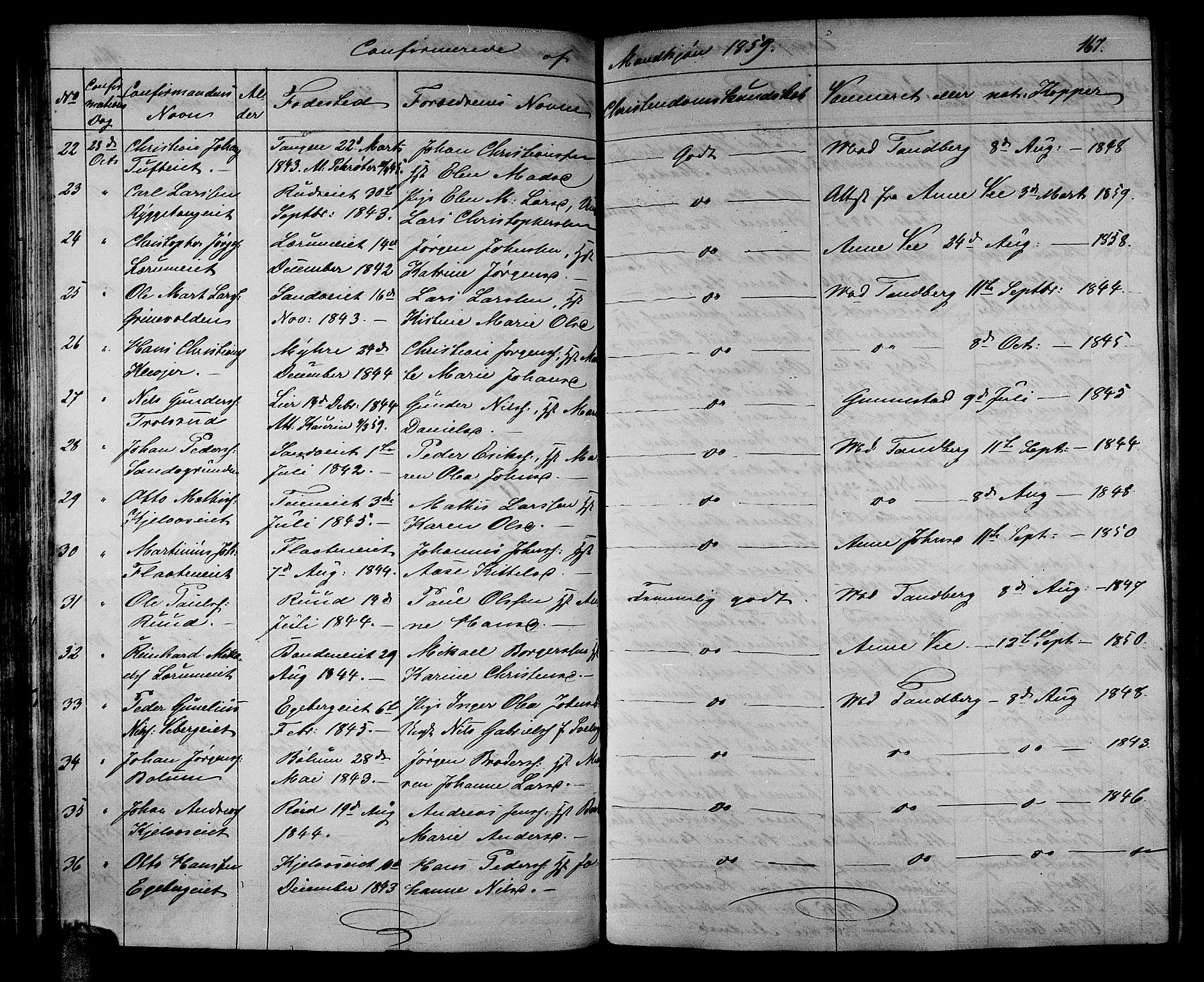 Sande Kirkebøker, AV/SAKO-A-53/G/Ga/L0002: Parish register (copy) no. 2, 1847-1863, p. 167