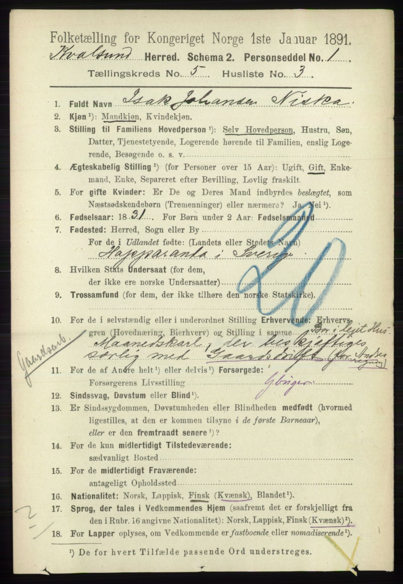 RA, 1891 census for 2017 Kvalsund, 1891, p. 528