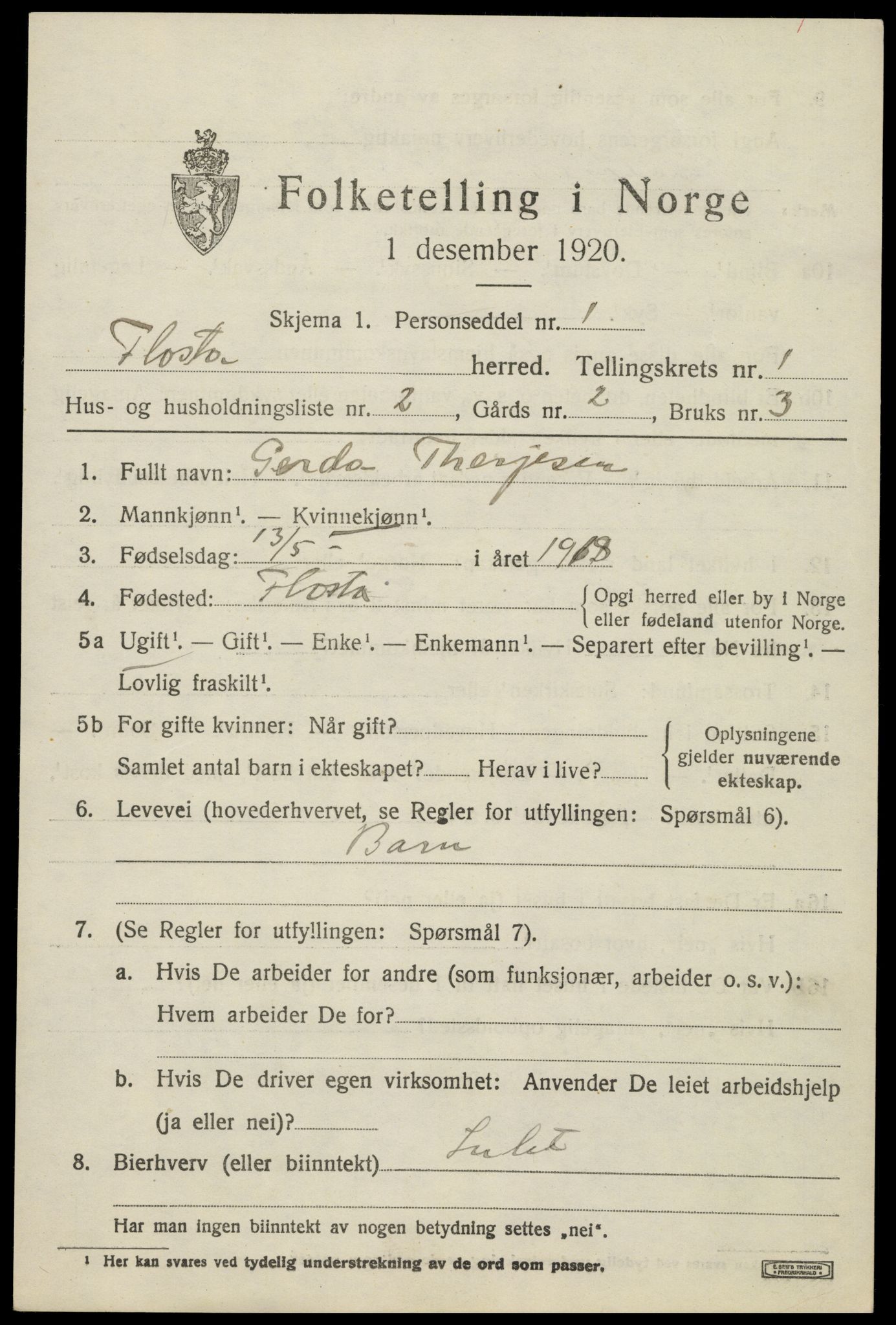 SAK, 1920 census for Flosta, 1920, p. 868