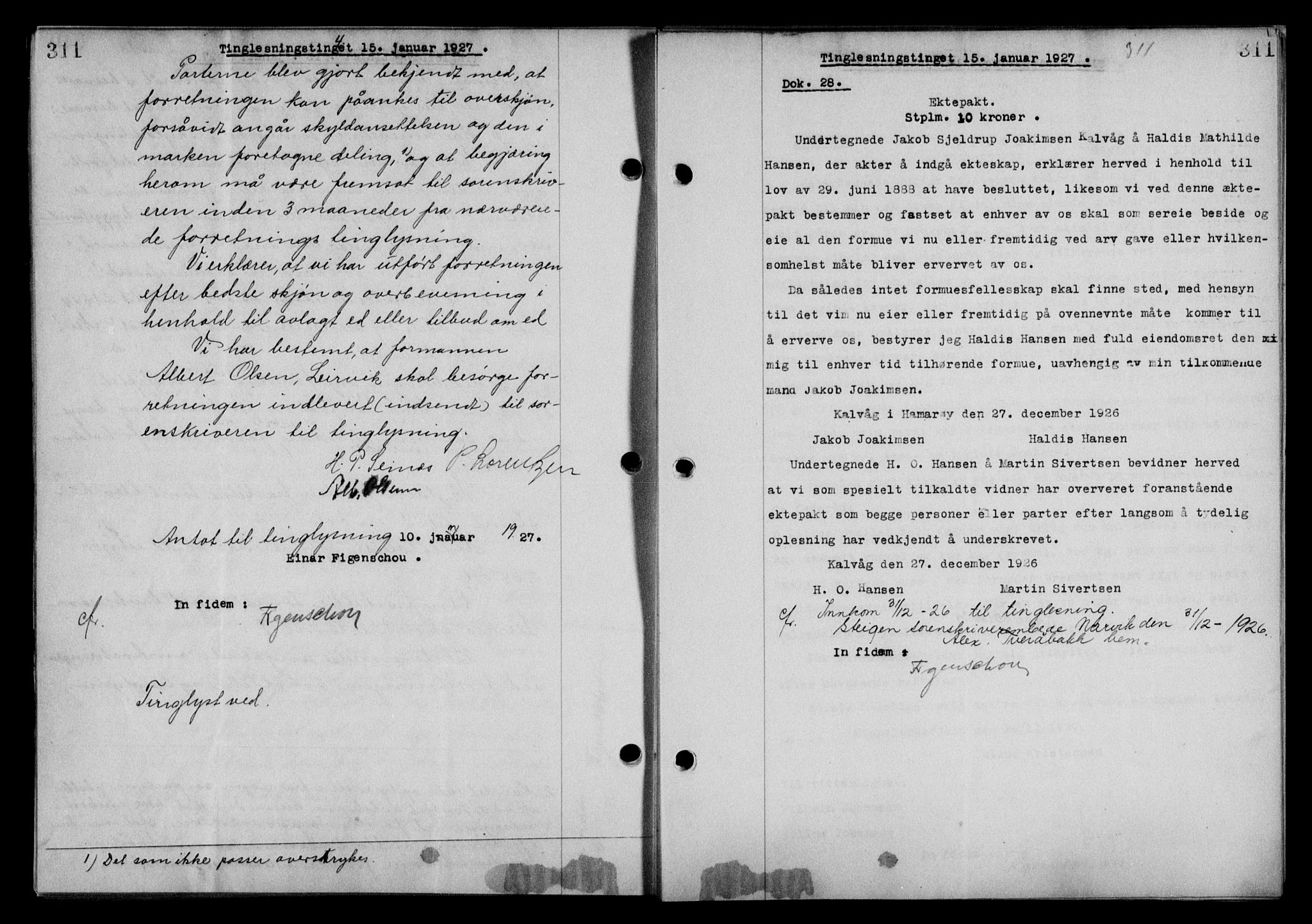 Steigen og Ofoten sorenskriveri, SAT/A-0030/1/2/2C/L0014: Mortgage book no. 13 og 15, 1926-1927, Deed date: 15.01.1927