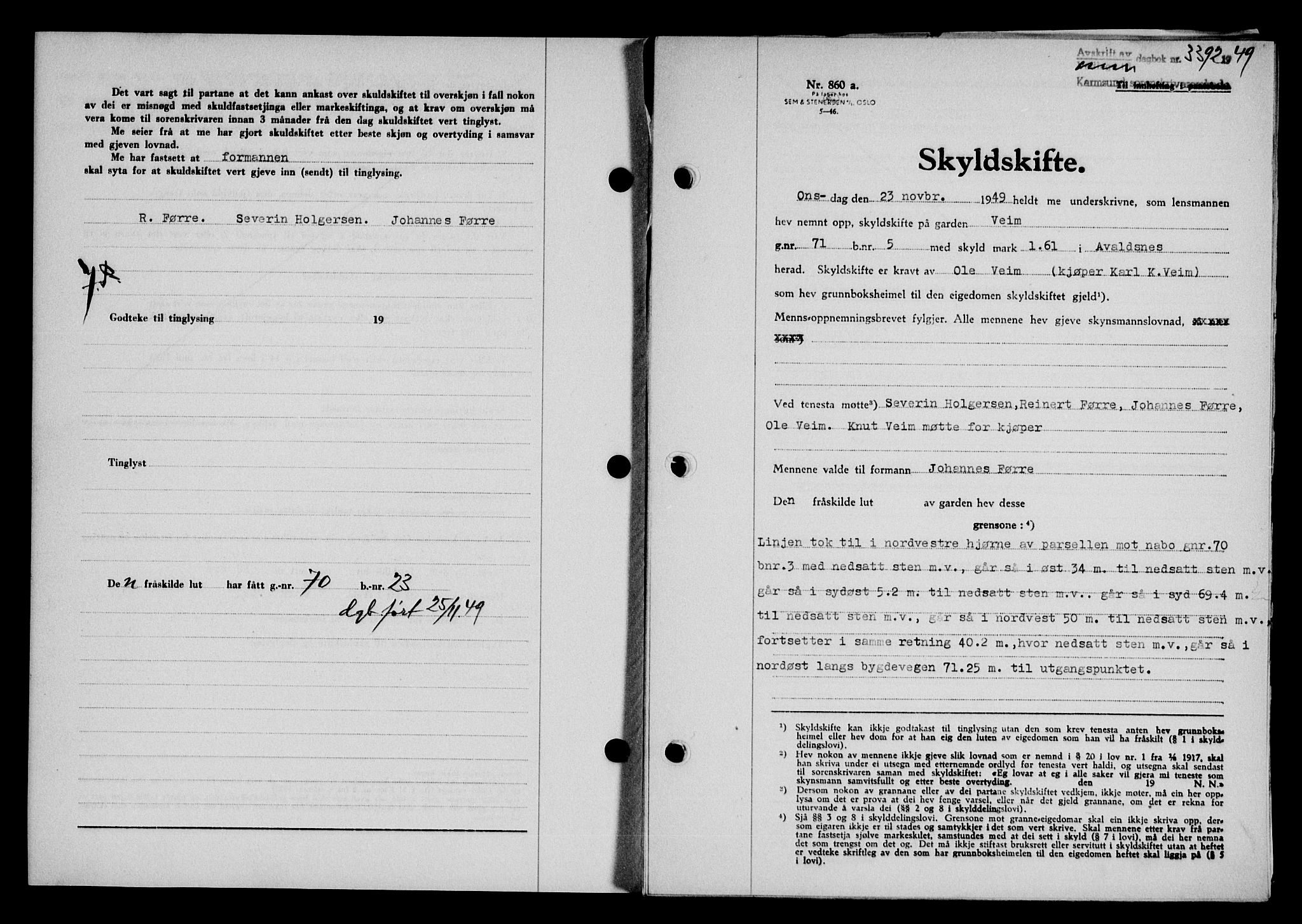 Karmsund sorenskriveri, SAST/A-100311/01/II/IIB/L0098: Mortgage book no. 78A, 1949-1950, Diary no: : 3392/1949