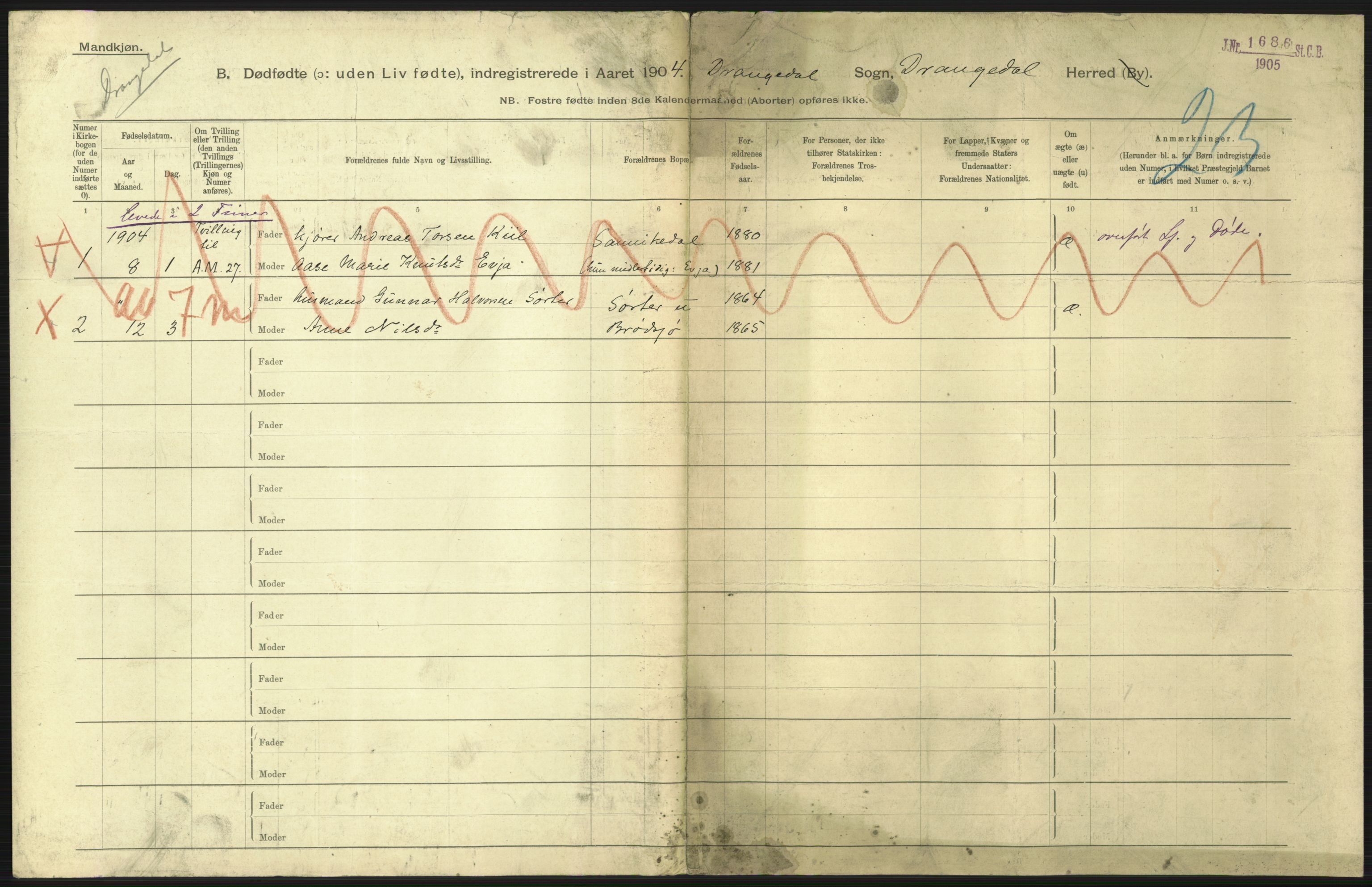 Statistisk sentralbyrå, Sosiodemografiske emner, Befolkning, RA/S-2228/D/Df/Dfa/Dfab/L0025: Smålenenes amt - Stavanger amt: Dødfødte. Bygder., 1904, p. 371