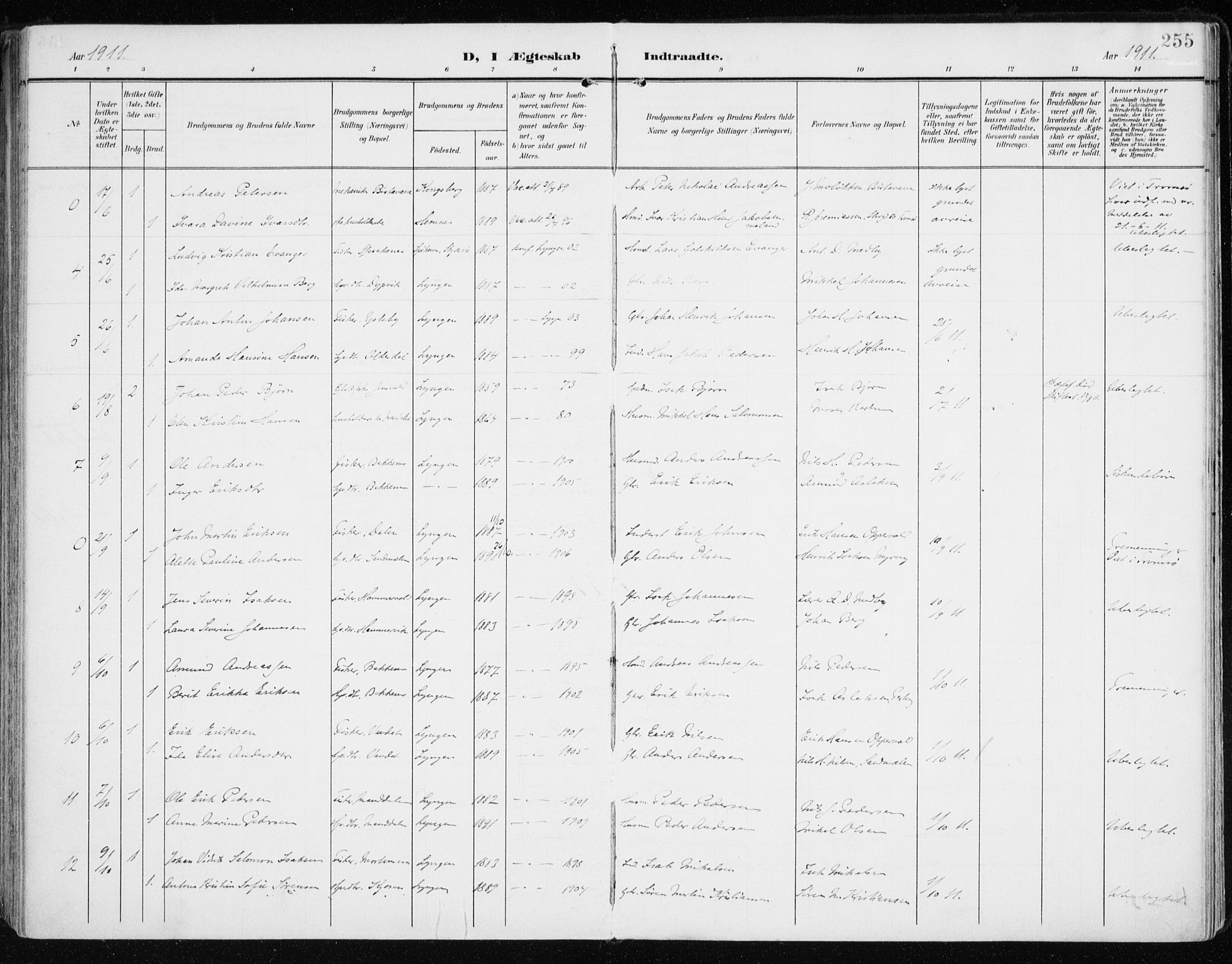Lyngen sokneprestembete, SATØ/S-1289/H/He/Hea/L0011kirke: Parish register (official) no. 11, 1903-1913, p. 255