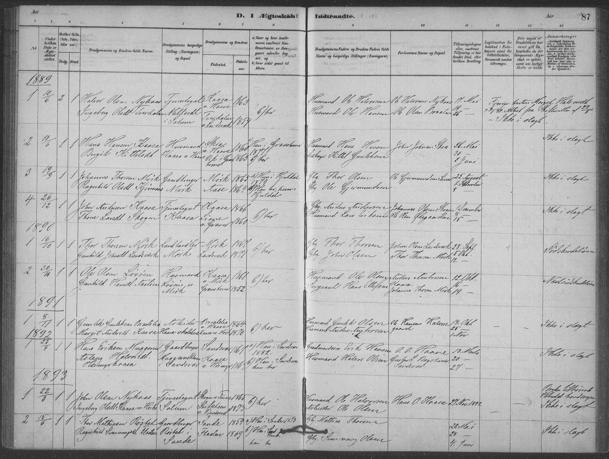 Heddal kirkebøker, SAKO/A-268/F/Fb/L0002: Parish register (official) no. II 2, 1878-1913, p. 87