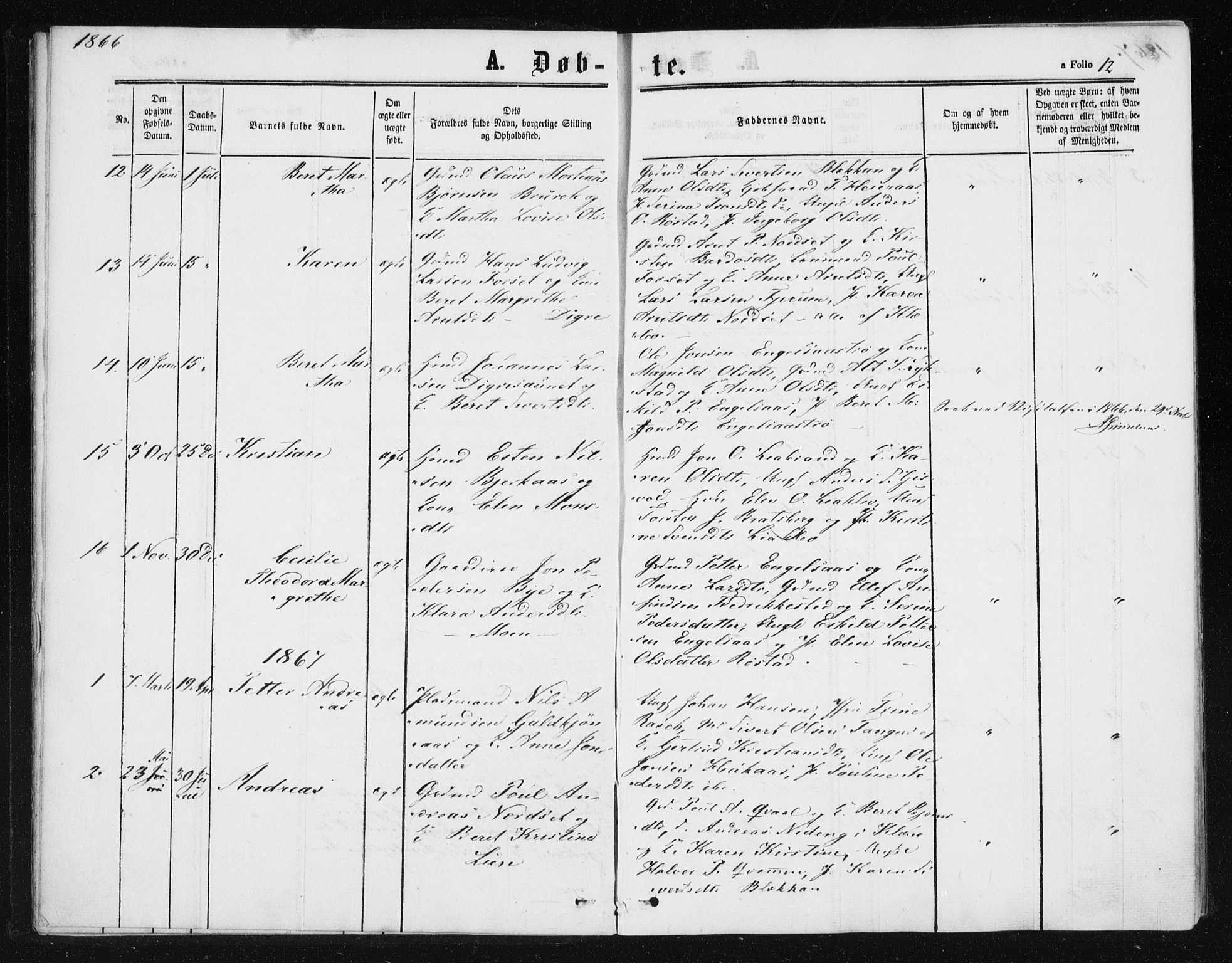 Ministerialprotokoller, klokkerbøker og fødselsregistre - Sør-Trøndelag, SAT/A-1456/608/L0333: Parish register (official) no. 608A02, 1862-1876, p. 12