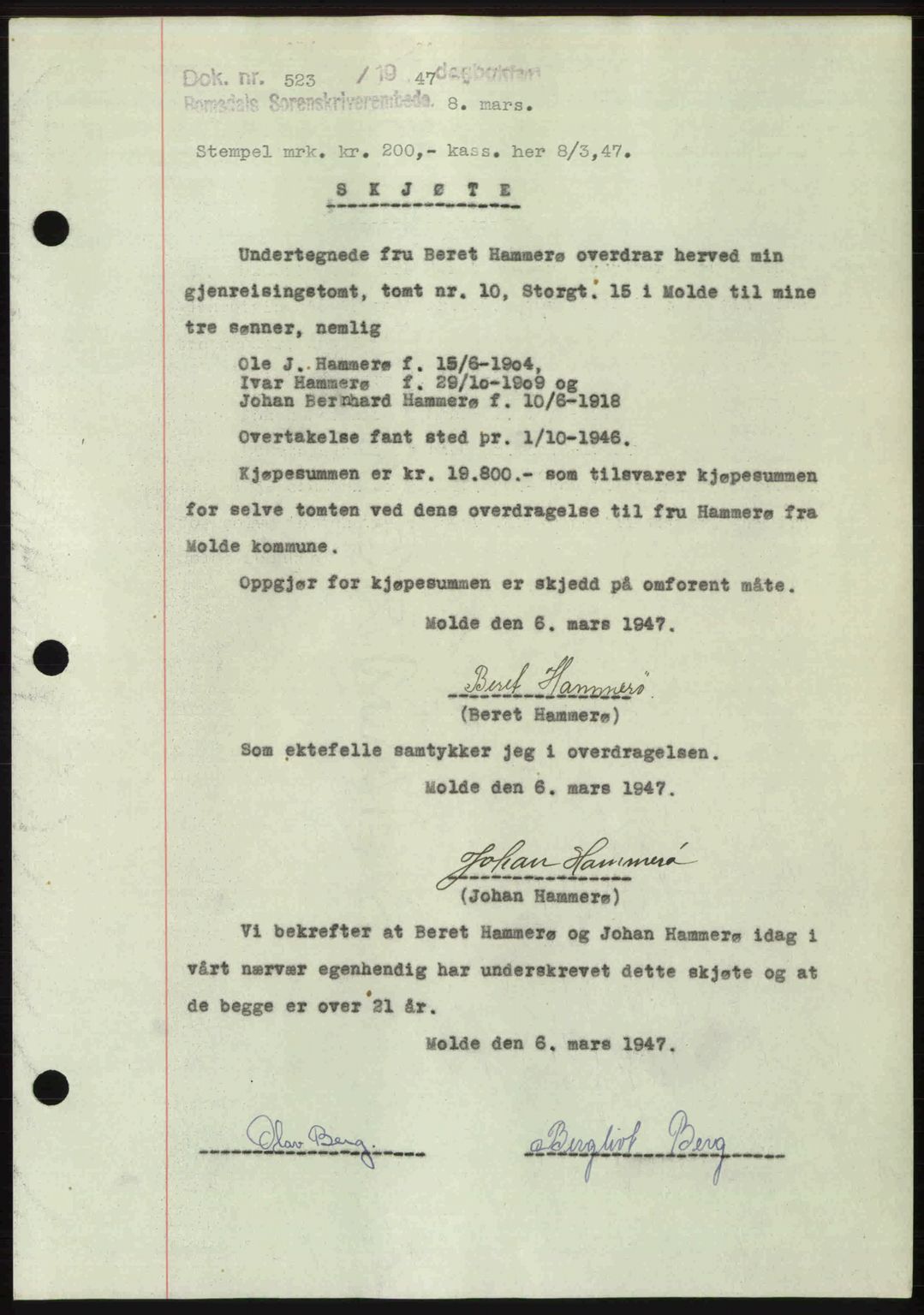 Romsdal sorenskriveri, AV/SAT-A-4149/1/2/2C: Mortgage book no. A22, 1947-1947, Diary no: : 523/1947