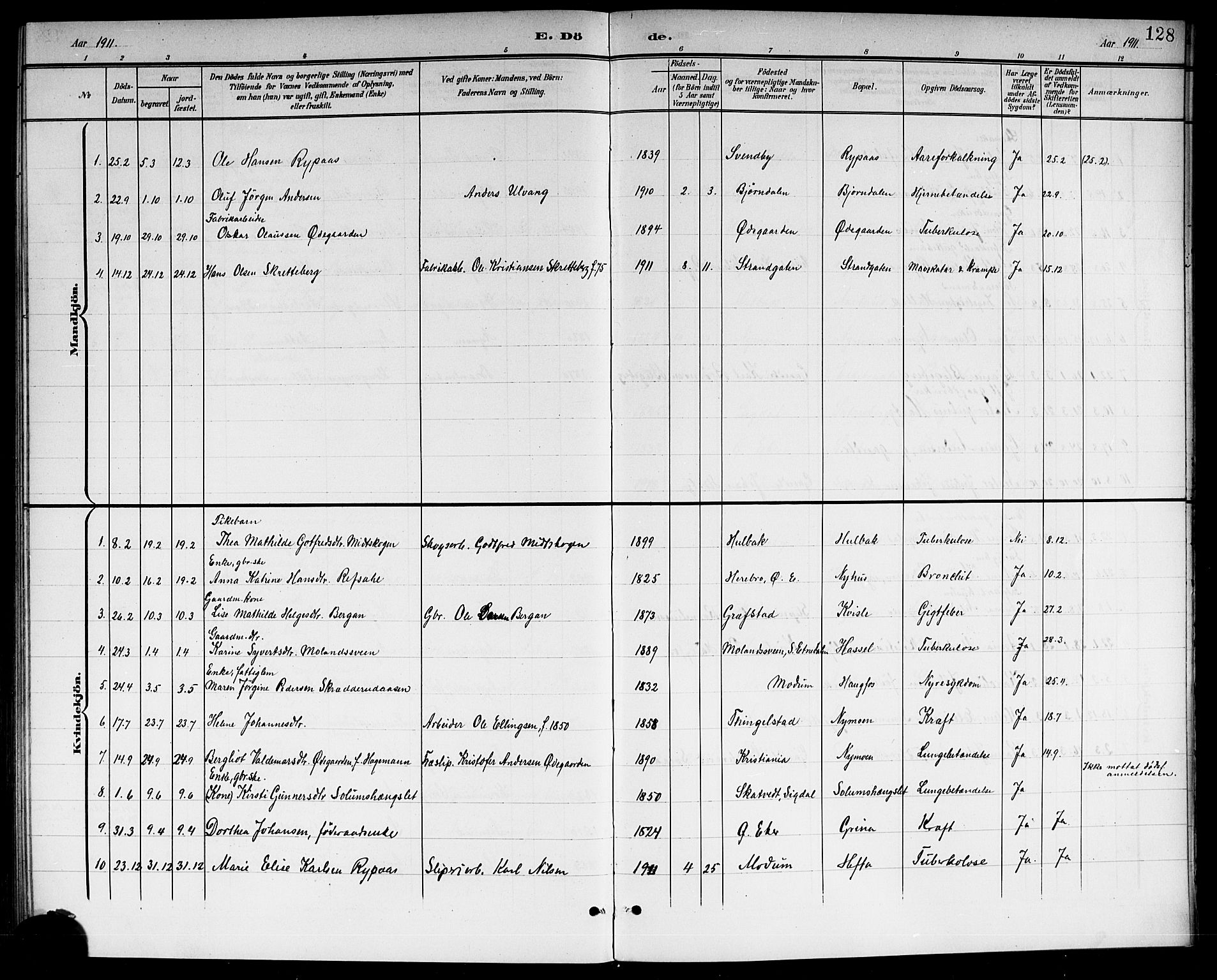 Modum kirkebøker, AV/SAKO-A-234/G/Gc/L0001: Parish register (copy) no. III 1, 1901-1919, p. 128