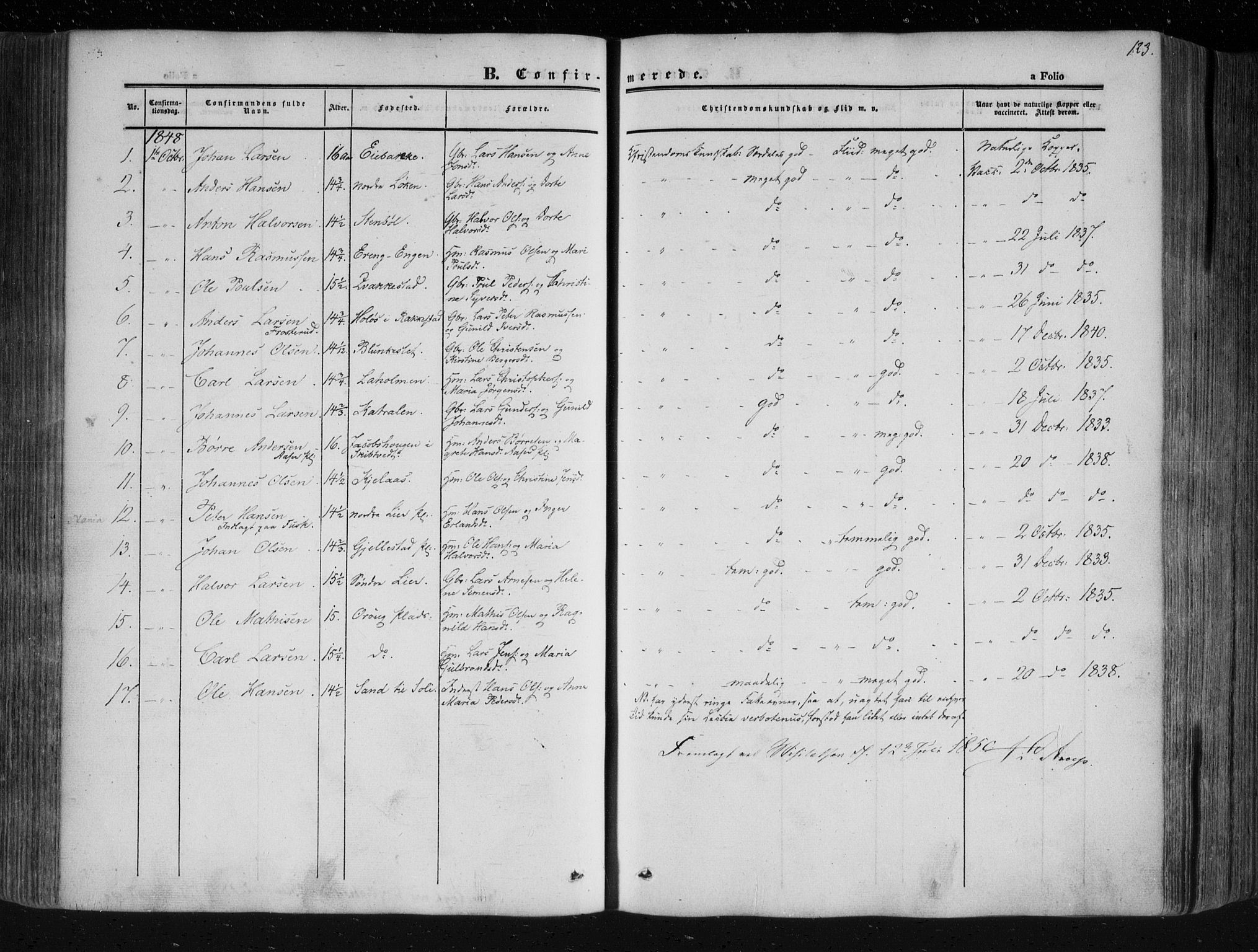Askim prestekontor Kirkebøker, SAO/A-10900/F/Fa/L0005: Parish register (official) no. 5, 1847-1879, p. 123