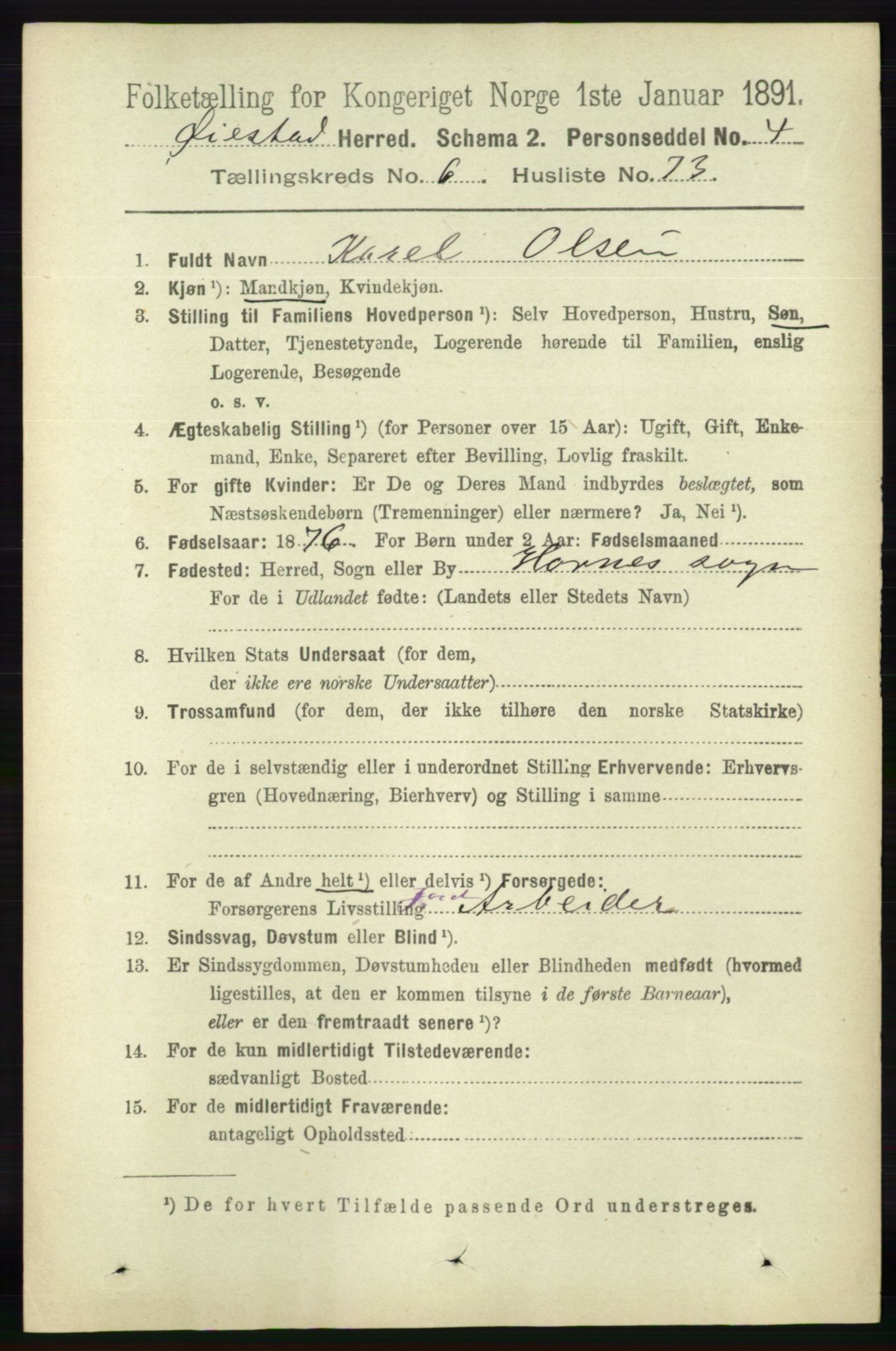 RA, 1891 census for 0920 Øyestad, 1891, p. 2549