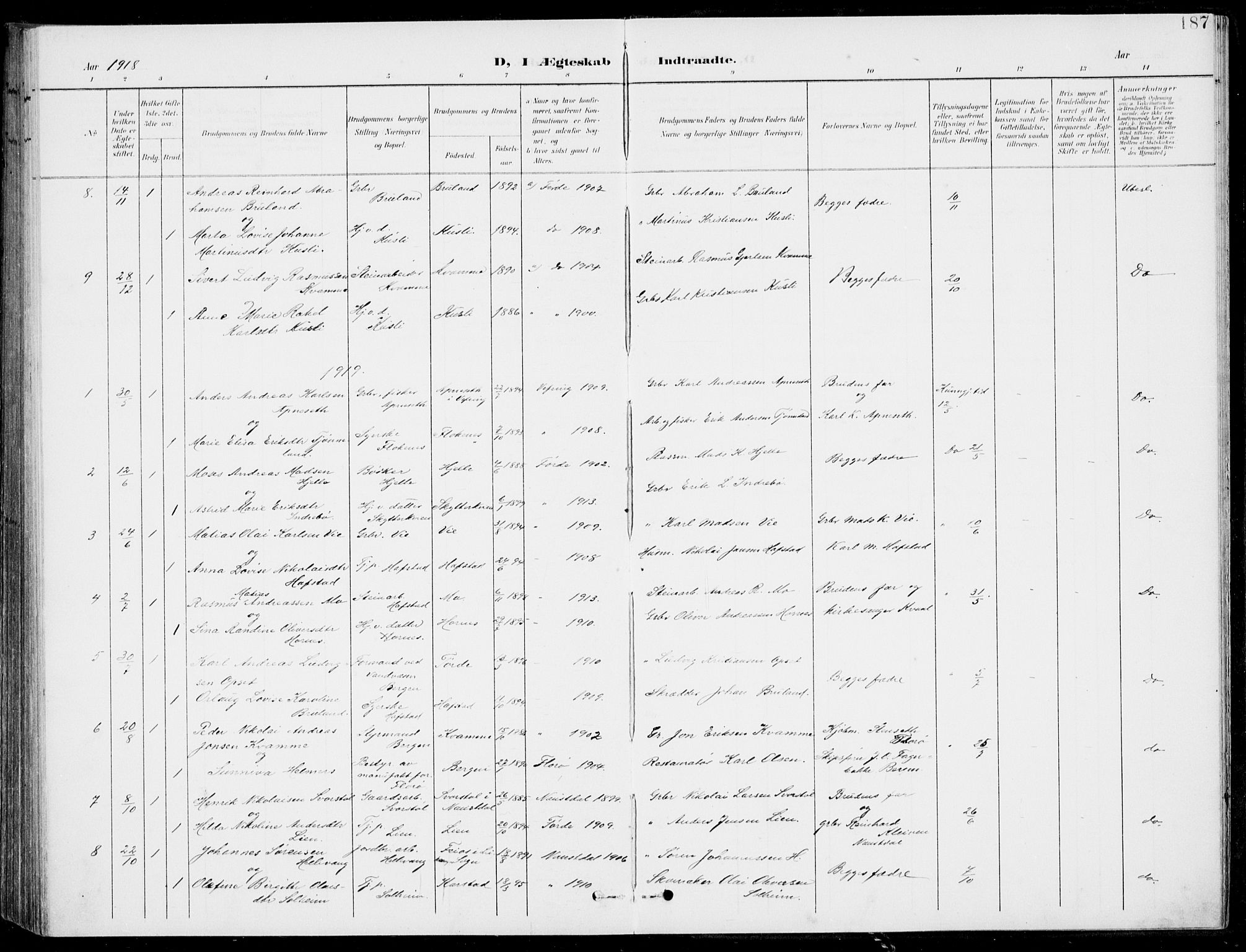 Førde sokneprestembete, SAB/A-79901/H/Haa/Haab/L0002: Parish register (official) no. B  2, 1899-1920, p. 187