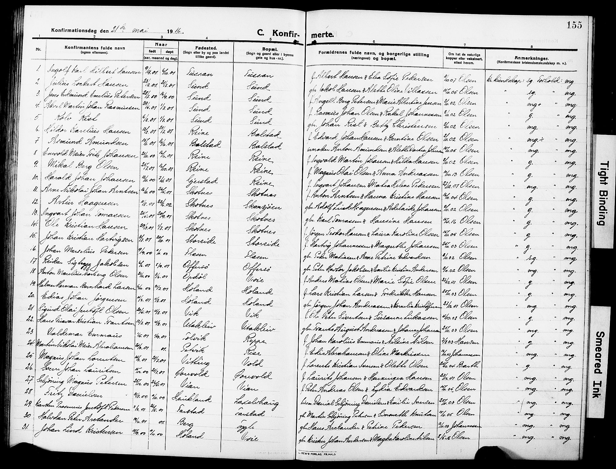 Ministerialprotokoller, klokkerbøker og fødselsregistre - Nordland, SAT/A-1459/881/L1169: Parish register (copy) no. 881C06, 1912-1930, p. 155