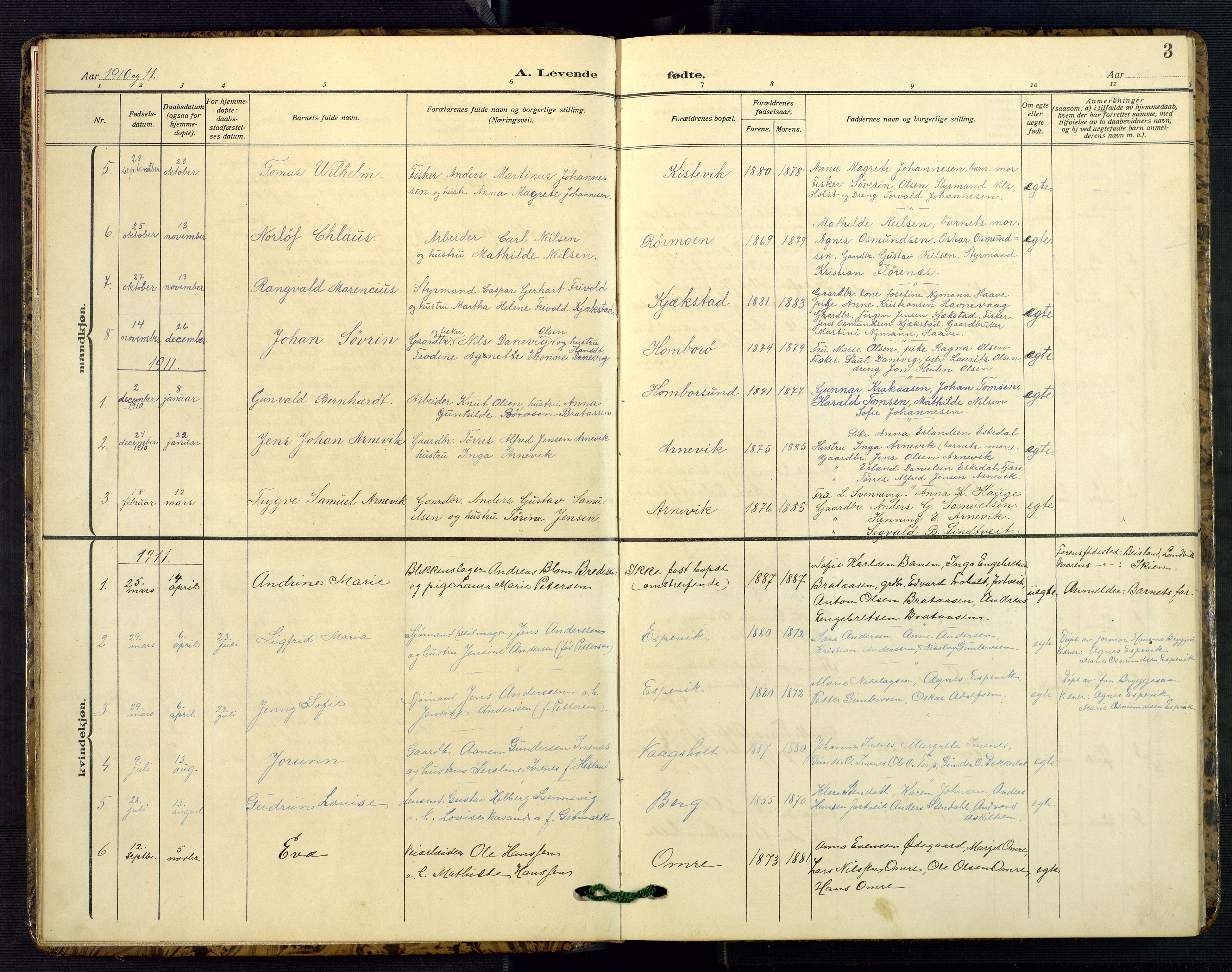 Hommedal sokneprestkontor, SAK/1111-0023/F/Fb/Fba/L0005: Parish register (copy) no. B 5, 1909-1957, p. 3