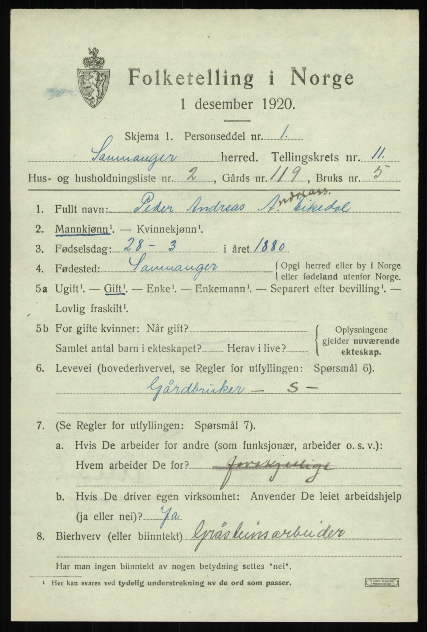 SAB, 1920 census for Samnanger, 1920, p. 4223