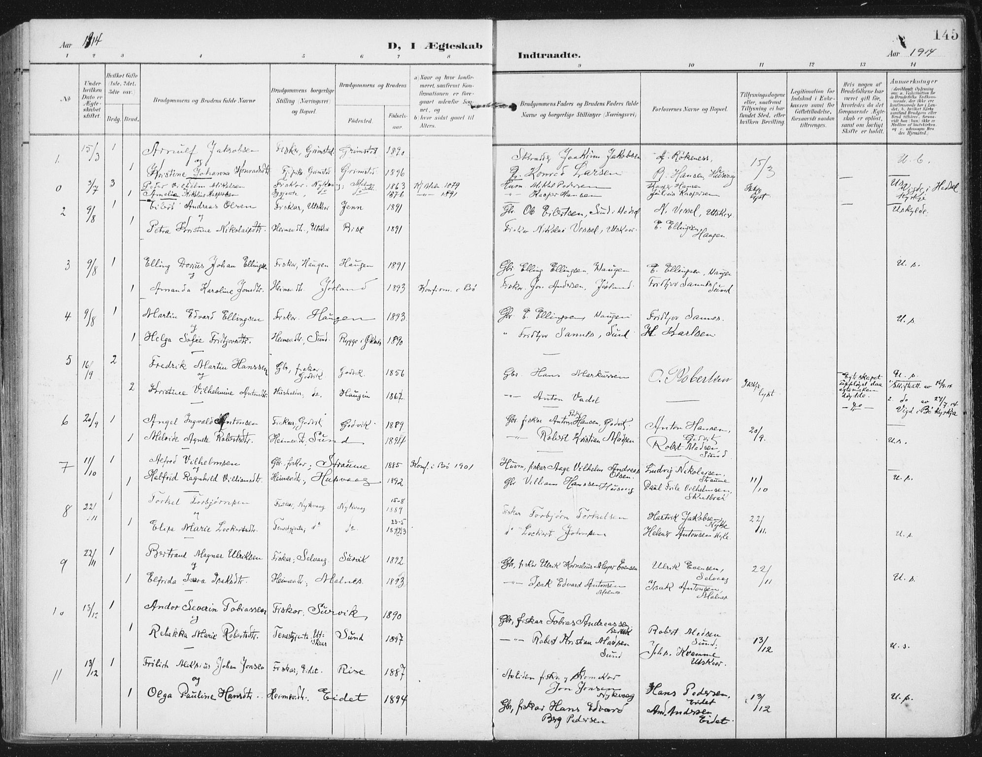 Ministerialprotokoller, klokkerbøker og fødselsregistre - Nordland, SAT/A-1459/892/L1321: Parish register (official) no. 892A02, 1902-1918, p. 145