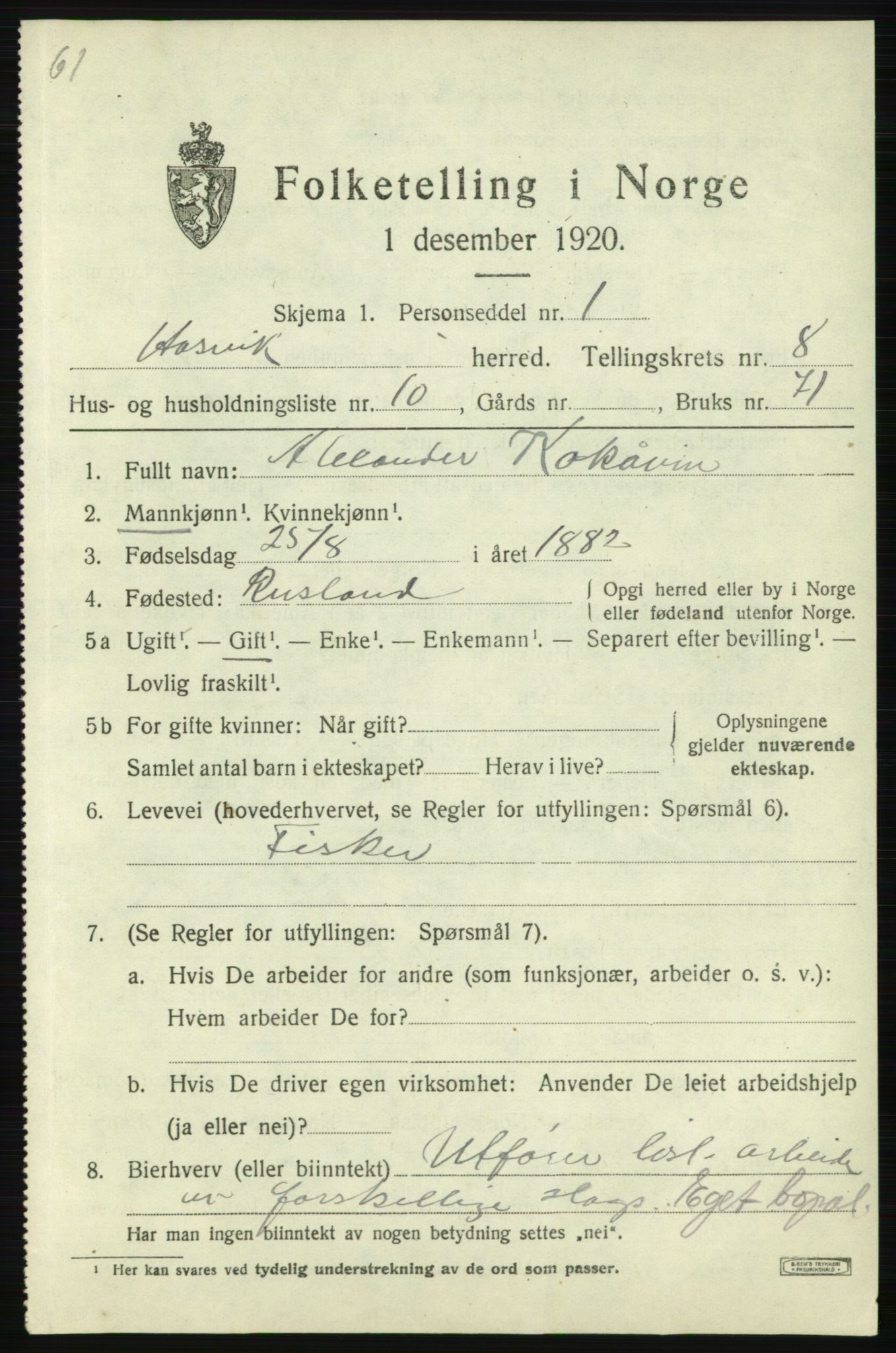 SATØ, 1920 census for Hasvik, 1920, p. 3145