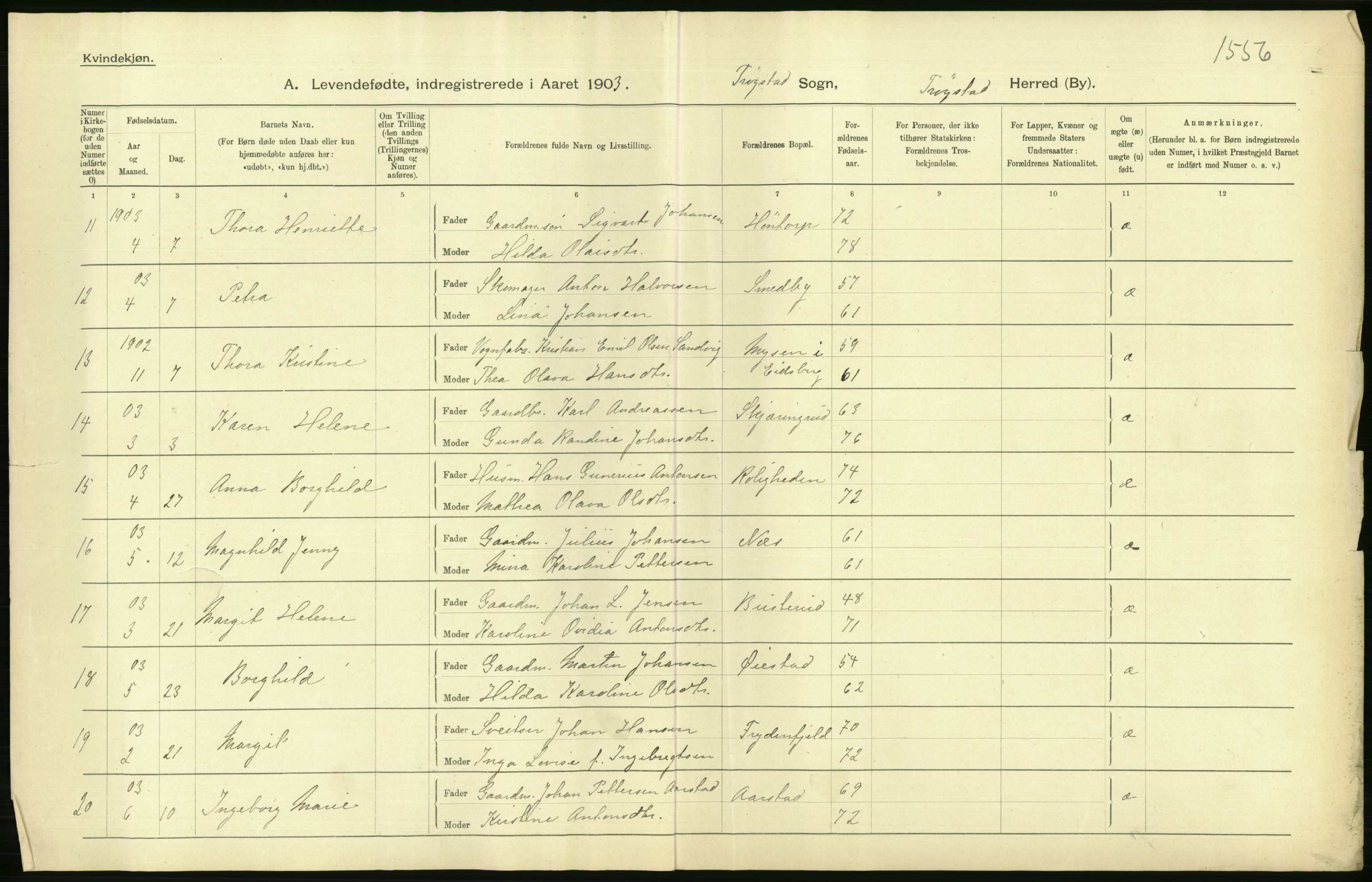 Statistisk sentralbyrå, Sosiodemografiske emner, Befolkning, AV/RA-S-2228/D/Df/Dfa/Dfaa/L0001: Smålenenes amt: Fødte, gifte, døde, 1903, p. 354