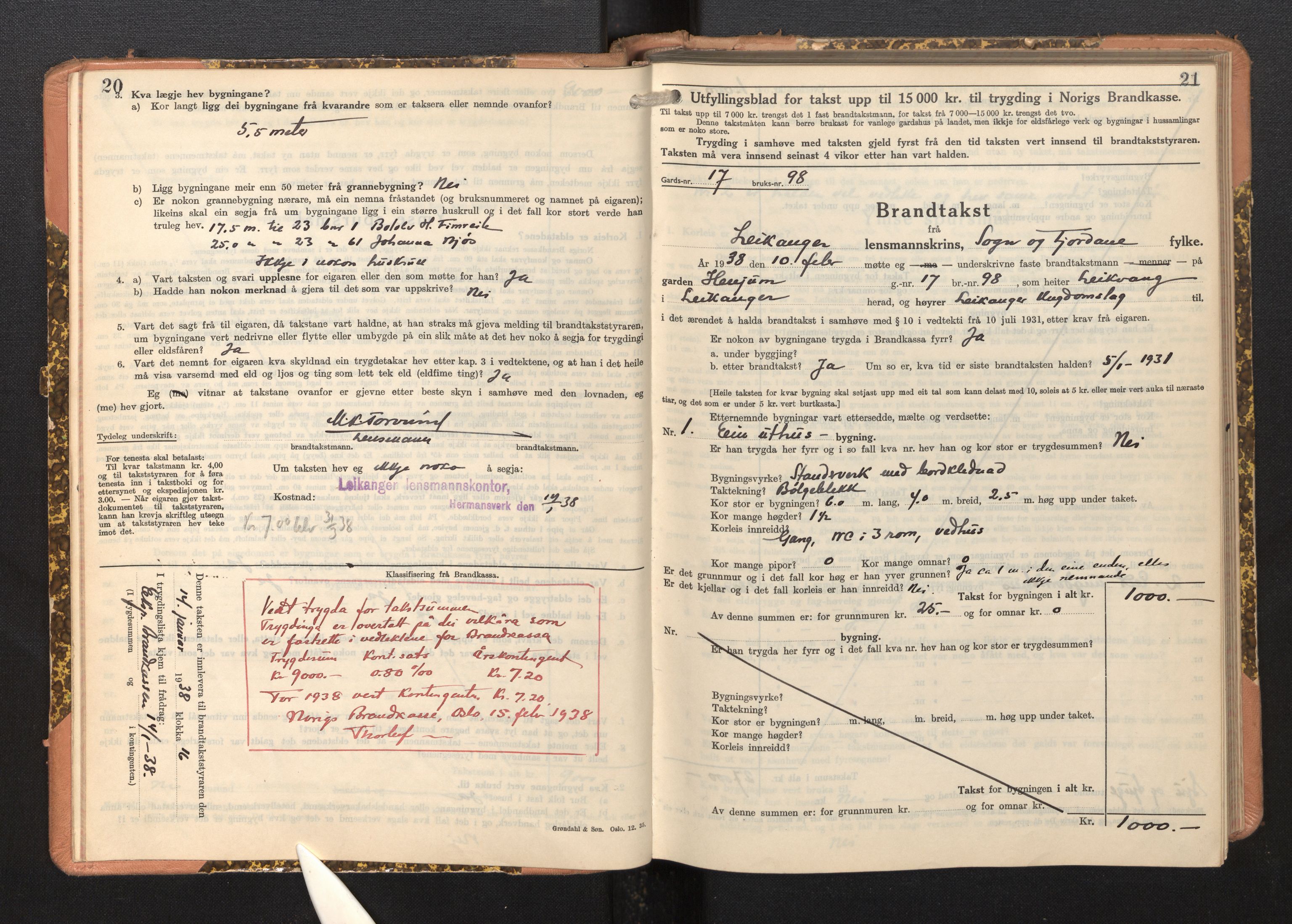 Lensmannen i Leikanger, AV/SAB-A-29201/0012/L0008: Branntakstprotokoll, skjematakst, 1937-1946, p. 20-21