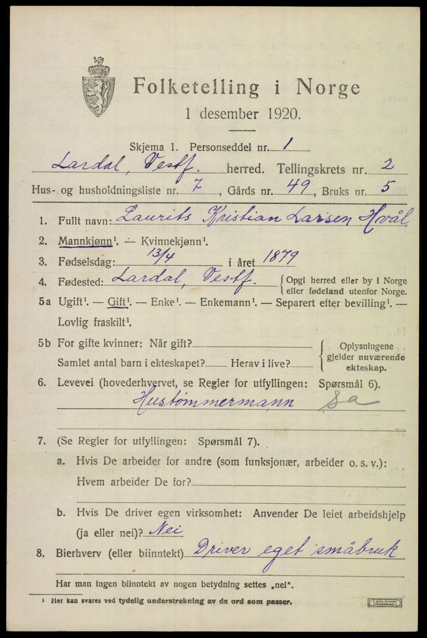 SAKO, 1920 census for Lardal, 1920, p. 2021