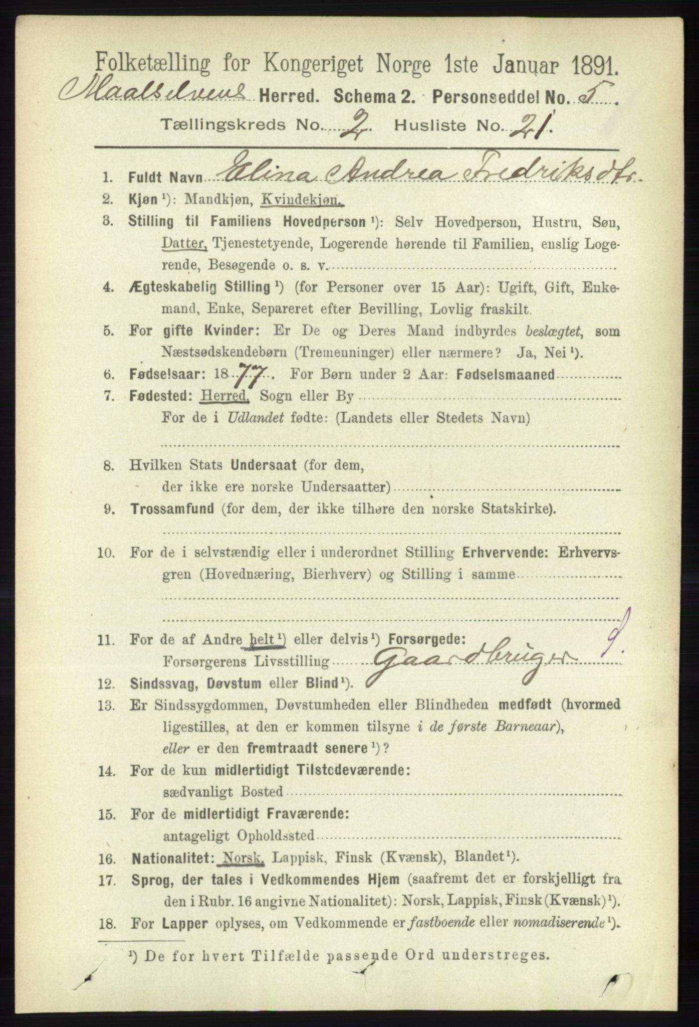 RA, 1891 census for 1924 Målselv, 1891, p. 418