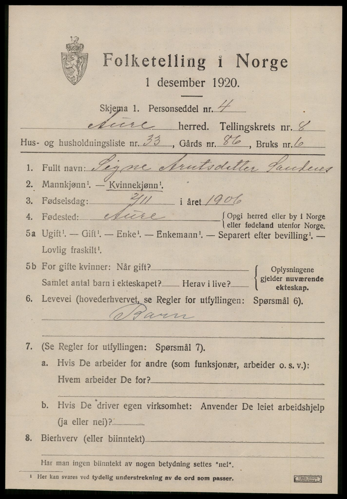 SAT, 1920 census for Aure, 1920, p. 3532