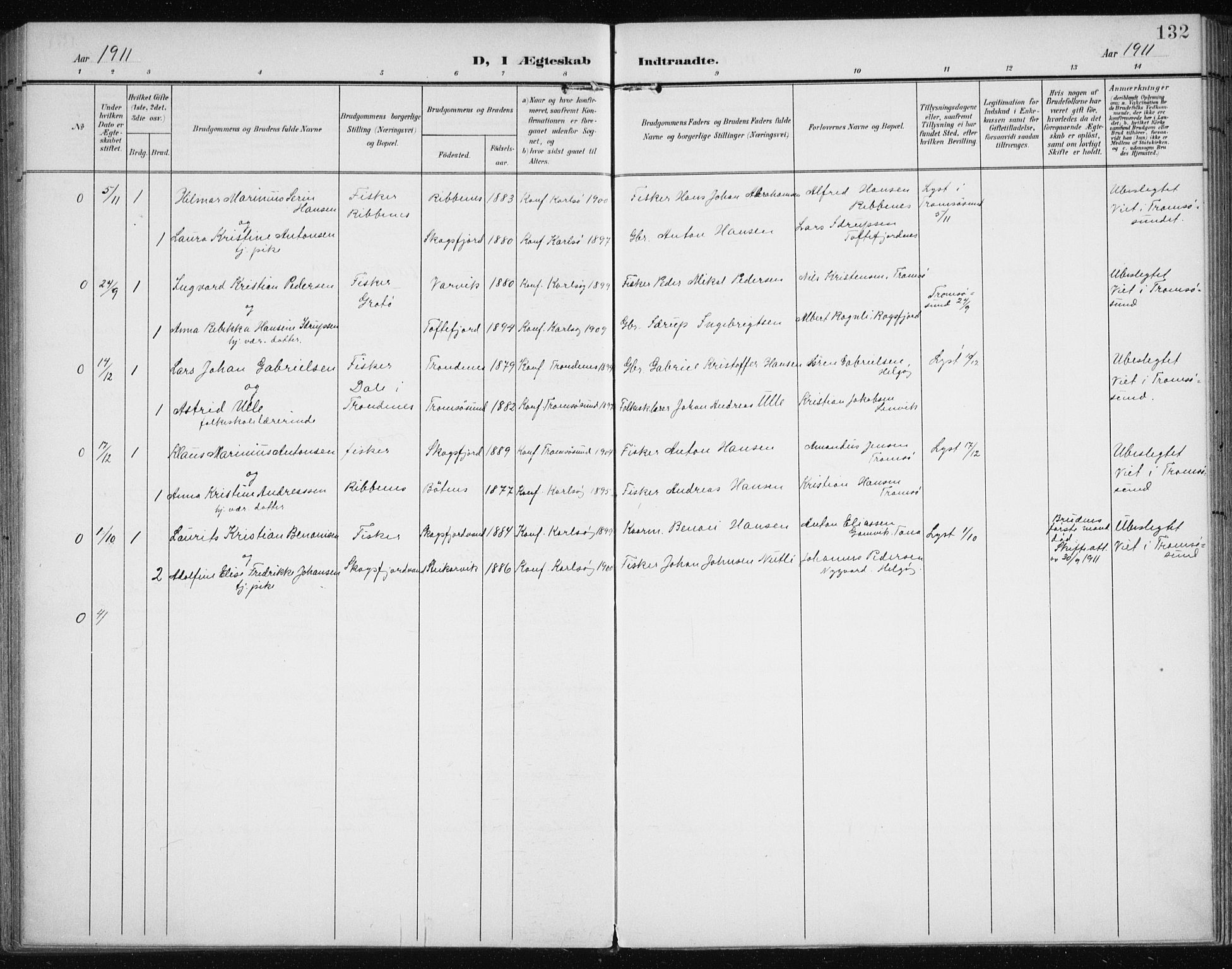 Karlsøy sokneprestembete, SATØ/S-1299/H/Ha/Haa/L0013kirke: Parish register (official) no. 13, 1902-1916, p. 132