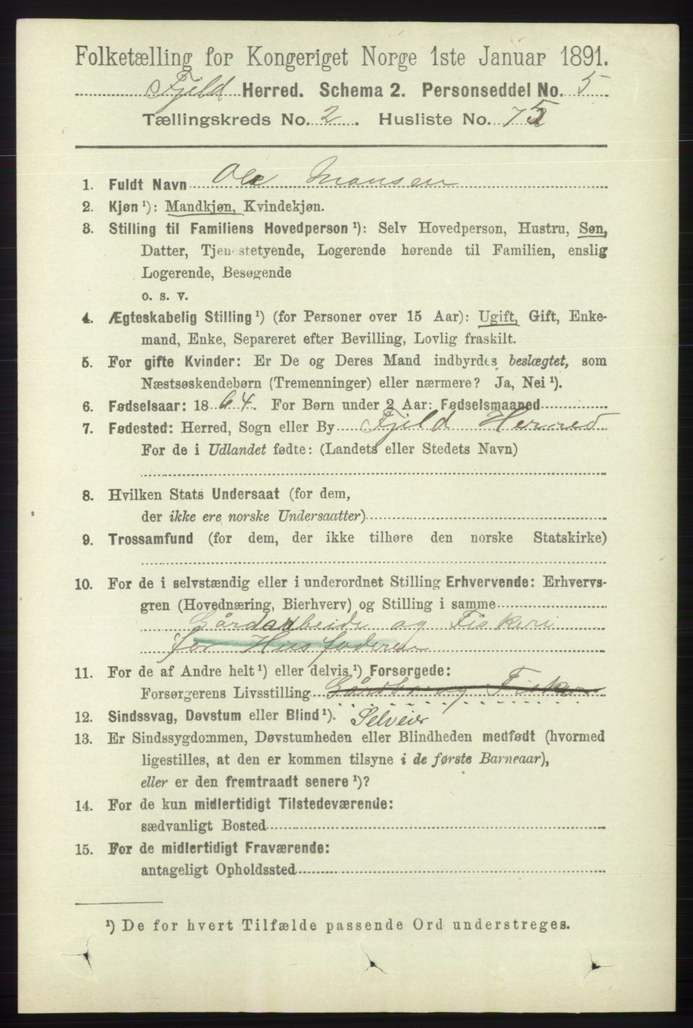 RA, 1891 census for 1246 Fjell, 1891, p. 1207