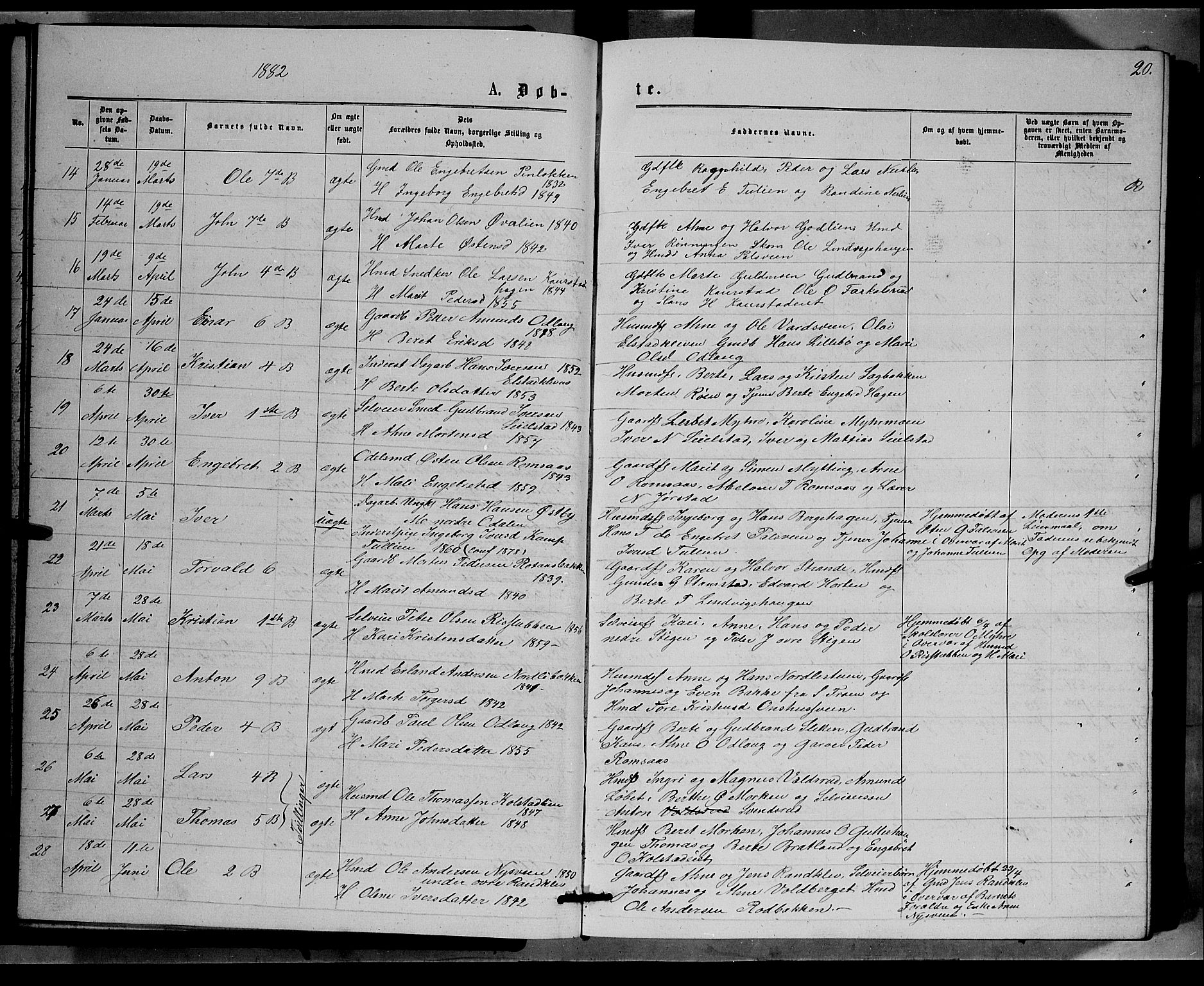 Ringebu prestekontor, SAH/PREST-082/H/Ha/Hab/L0006: Parish register (copy) no. 6, 1880-1898, p. 20