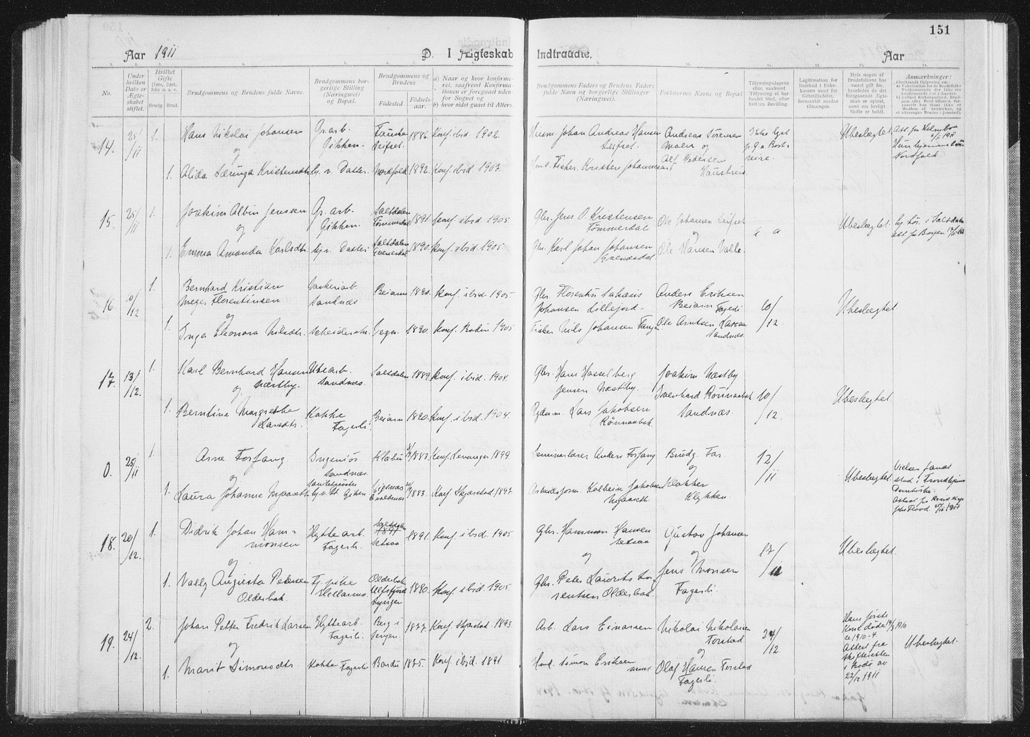 Ministerialprotokoller, klokkerbøker og fødselsregistre - Nordland, SAT/A-1459/850/L0711: Curate's parish register no. 850B01, 1902-1915, p. 151
