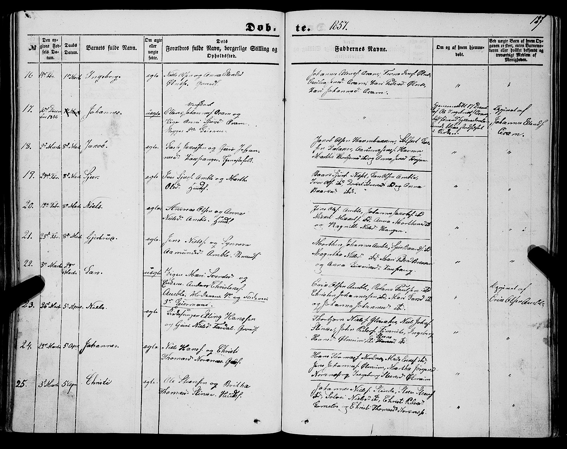 Sogndal sokneprestembete, AV/SAB-A-81301/H/Haa/Haaa/L0012I: Parish register (official) no. A 12I, 1847-1859, p. 127