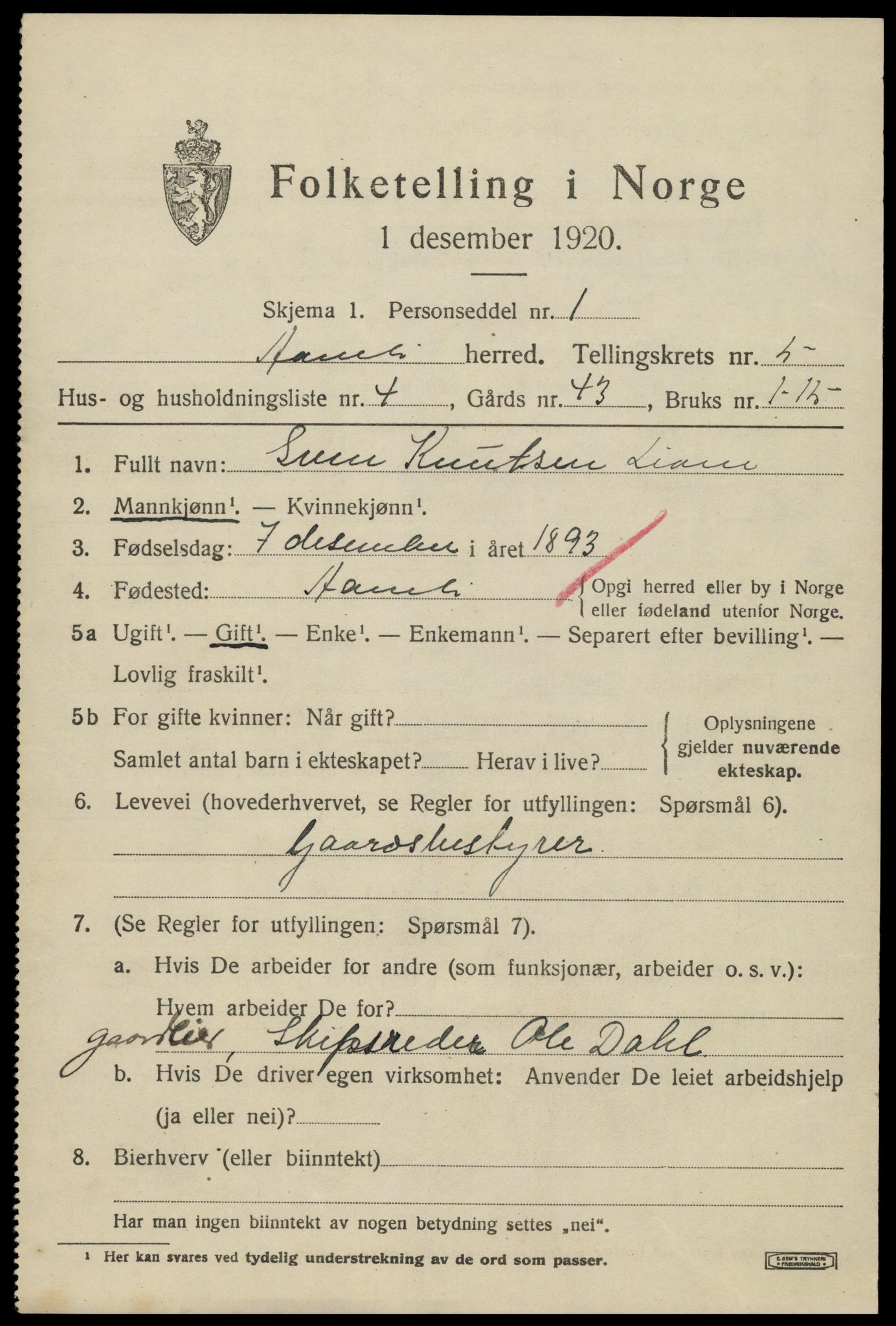 SAK, 1920 census for Åmli, 1920, p. 2319