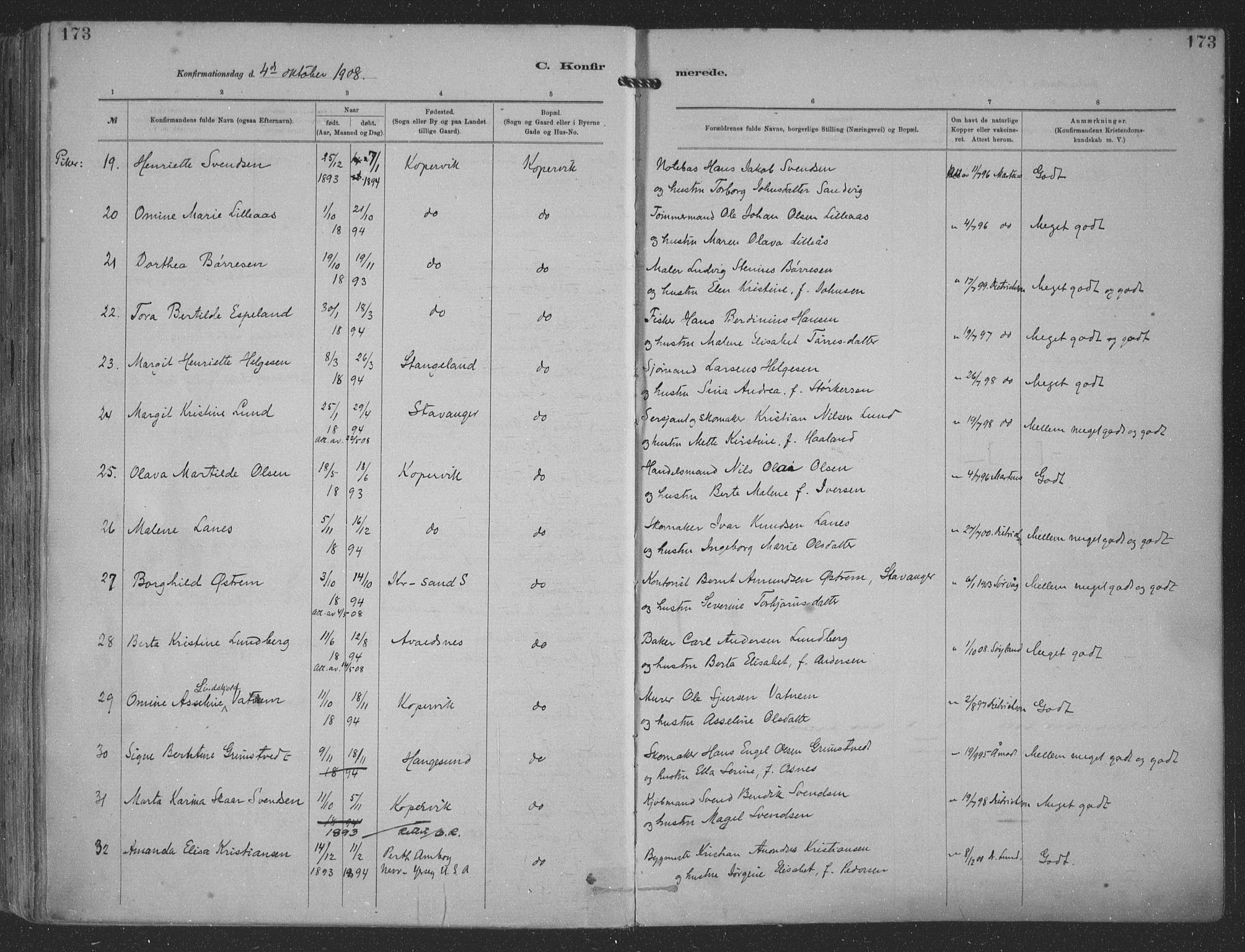 Kopervik sokneprestkontor, AV/SAST-A-101850/H/Ha/Haa/L0001: Parish register (official) no. A 1, 1880-1919, p. 173