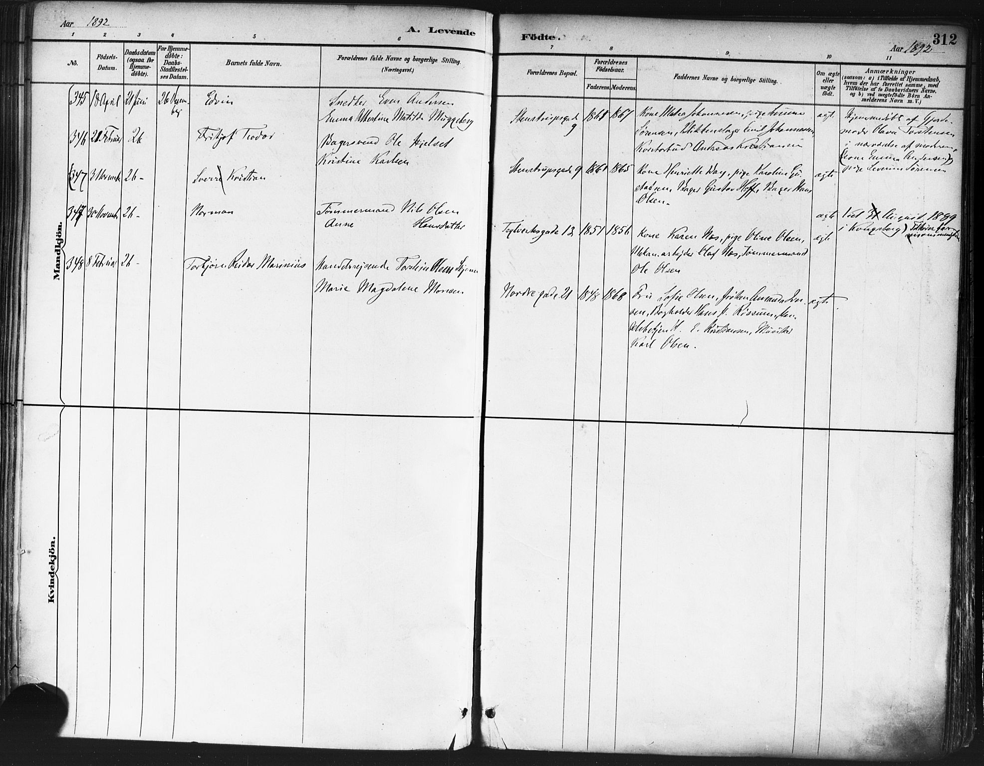 Paulus prestekontor Kirkebøker, SAO/A-10871/F/Fa/L0013: Parish register (official) no. 13, 1887-1894, p. 312